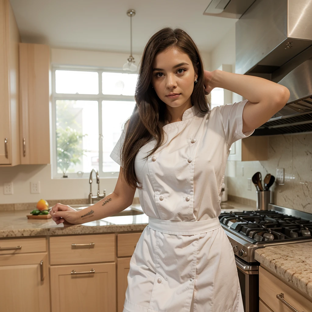 1girl in, 30 years old, Square face, Long hair, Looking at viewer, jewelry, Realistic, Sexy, chef outfit, kitchen background, free pose