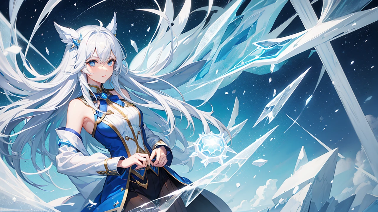 Female magician casts ice vortex magic from the sky