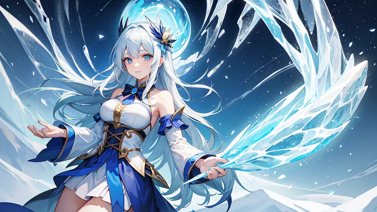 Female magician casts ice vortex magic from the sky