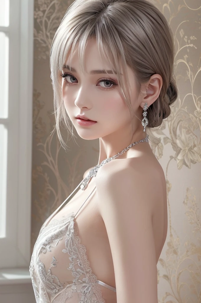 silver lace thong&Good, (((Very elegant and beautiful, Perfect detail, Super detailed))), whole body, The most detailed girl, Depth of written boundary, 美しく詳細なwhole body, Thin legs, 1 girl, 30 years old, Very short hair, Spiked Hair, Gray and silver hair, Beautiful detailed hair, Perfect Face, Expressionless, Beautifully detailed deep eyes, Open your mouth a little, Delicate arms and hands, Pale skin, Earrings, Beautiful and gorgeous necklace, Colorful background, HD background, Blurred Background, Very delicate and beautiful, Masterpiece, (((Highest quality, Very beautiful 8K CG wallpaper))), (((Trendy hairstyles))), (Inside the room,Stylish interior,window),