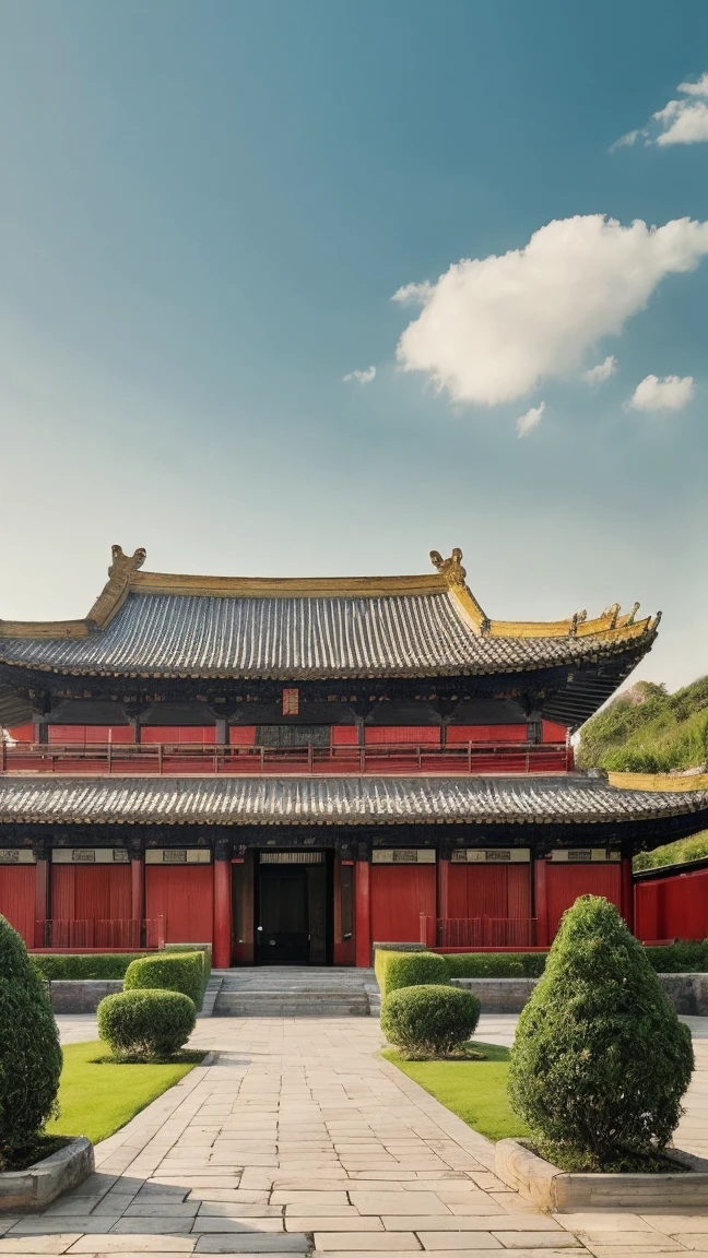 A painting depicting a person walking, with very detailed Chinese classical doors and plants, a mysterious background, layered sky, red and black, backlight, traditional Chinese landscape style, new tradition, Eastern style, James Turrell, plants are the history of Nagai, Fan Kuan's style, eerie reality, and cunning. I can't believe how beautiful this is. Symmetrical composition, grand scale, strong use of negative space, facing up, Single point perspective, realistic ultra details, 8k, high-definition