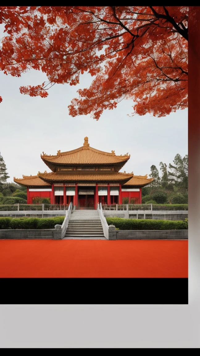 A painting depicting a person walking, with very detailed Chinese classical doors and plants, a mysterious background, layered sky, red and black, backlight, traditional Chinese landscape style, new tradition, Eastern style, James Turrell, plants are the history of Nagai, Fan Kuan's style, eerie reality, and cunning. I can't believe how beautiful this is. Symmetrical composition, grand scale, strong use of negative space, facing up, Single point perspective, realistic ultra details, 8k, high-definition