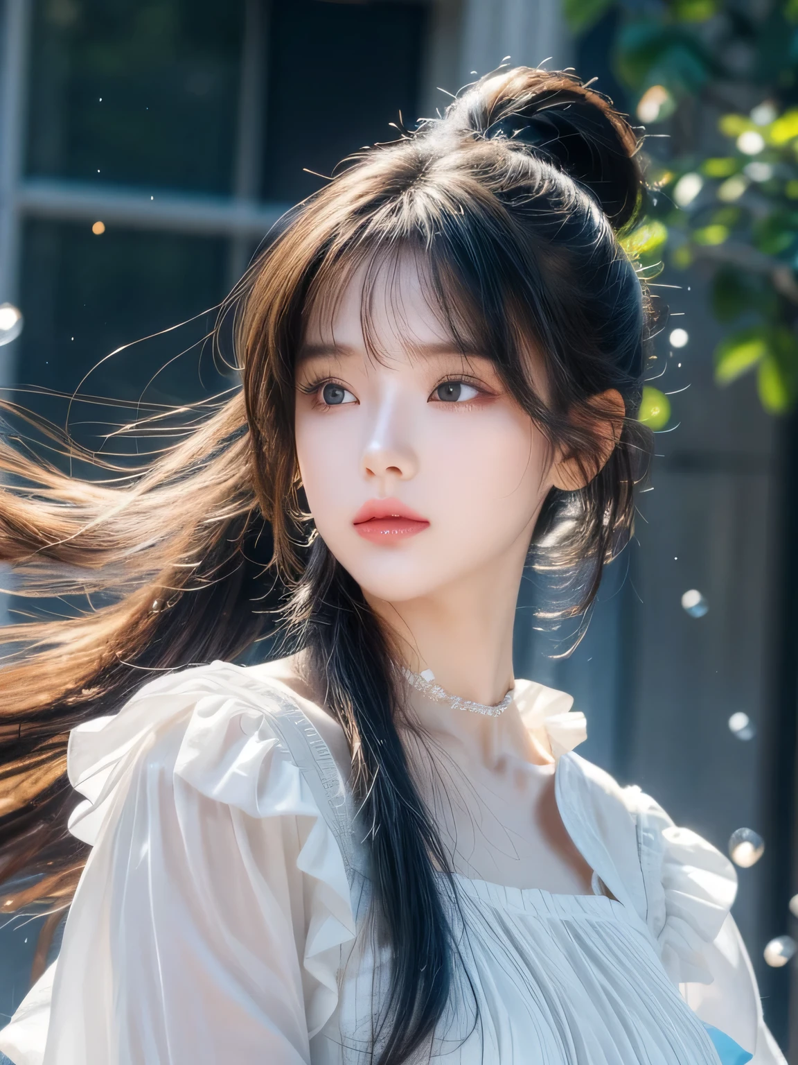 (masterpiece), (best quality), (Ultra Detailed),(Disk hair),(illustration), (1 Girl), (Fashion Clothing), permanent, fashion model, Looking at the audience, (interview), (Simple background), Beautiful and delicate eyes, Exquisite beauty, floating, (High Saturation), (Colorful splash), Colored bubbles, (shine), Focus on the face, Ponytail, Kamisato Ayaka, light blue hair, Bangs, hair tie, floating flowers, Flowing hair, (shining), Optimal lighting, Best shadows, Perfect hands