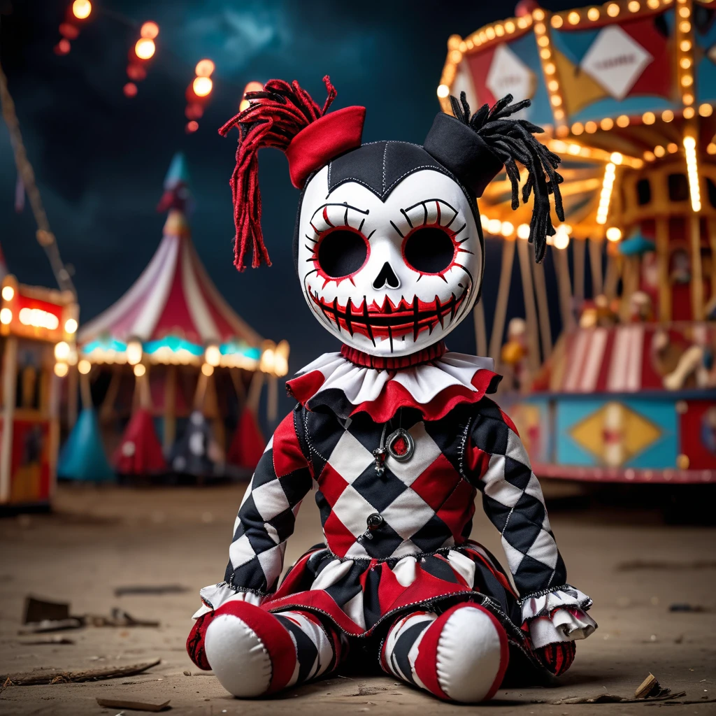 (knitted toy voodoo doll: 1.2), (Voodoo Dark Harlequin: 1.3), (Black and white harlequin costume with bells, mask with a sad smile: 1.0), (against the background of an abandoned carnival, broken carousels, torn tents: 1.3),  best quality, masterpiece, detailed soft oil painting, detailed background, dramatic cinematic lighting, soft edge lighting, professional, dramatic lighting, hard edge lighting, ultra quality, 4k, masterpiece, best quality, 8k, ultra high definition, high definition, extremely detailed