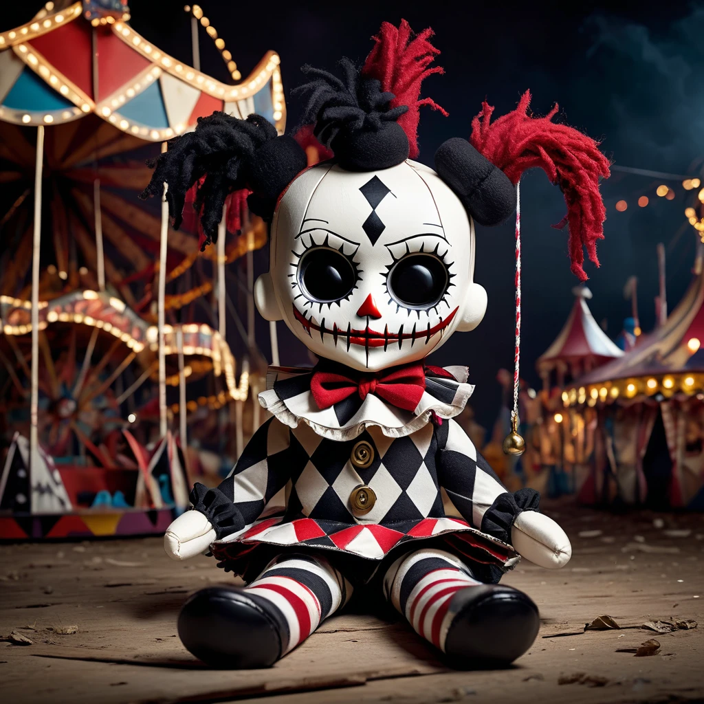 (knitted toy voodoo doll: 1.2), (Voodoo Dark Harlequin: 1.3), (Black and white harlequin costume with bells, mask with a sad smile: 1.0), (against the background of an abandoned carnival, broken carousels, torn tents: 1.3),  best quality, masterpiece, detailed soft oil painting, detailed background, dramatic cinematic lighting, soft edge lighting, professional, dramatic lighting, hard edge lighting, ultra quality, 4k, masterpiece, best quality, 8k, ultra high definition, high definition, extremely detailed