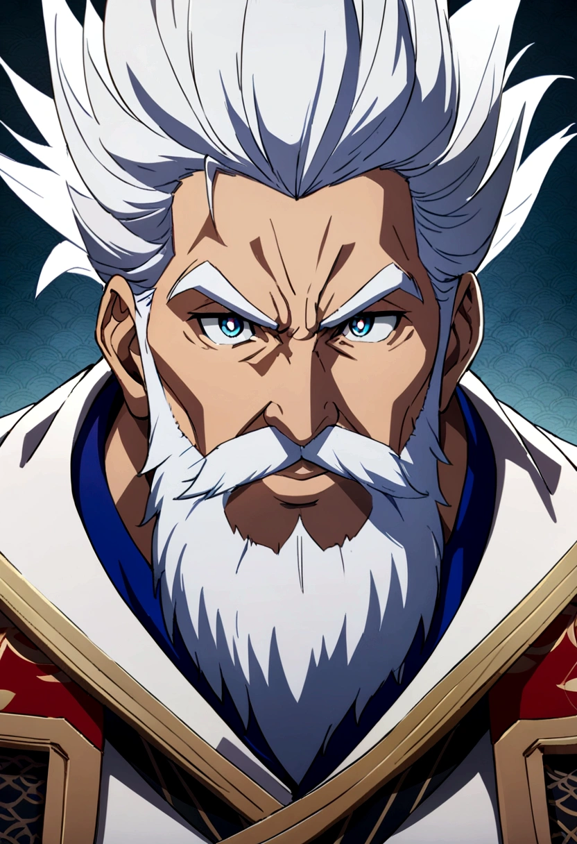(good quality, ​masterpiece, Japanese Anime, two-dimensional, beautiful eyes, extremely detailed background, 8k wallpaper, extremely detailed face) Uncle, Slightly chubby body, Strong muscles, beard, hopeful eyes, bright eyes, blue eyes, mature and stable, Demanding, white short sleeves, Onmyoji Portrait, miyamoto musashi, detailed anime character art, Background for pavilion