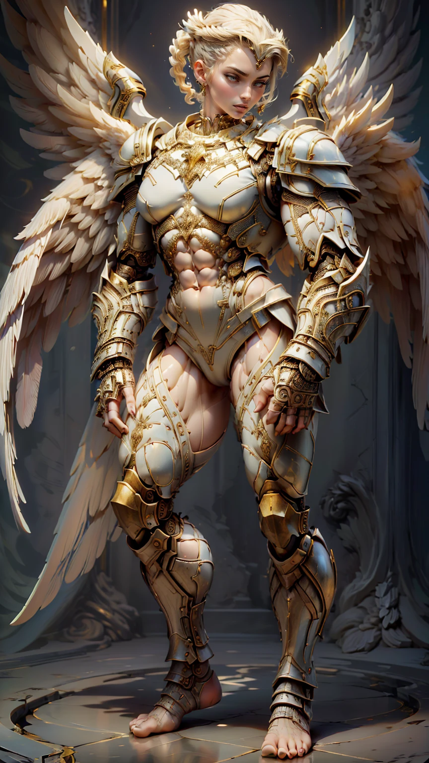 (cara delevingne), ((((((1 muscular angel girl)))))), (((huge upper body))), long hair, ((((huge angelic wings))), (((intricate ornate angelic full body armor))), ((((full body front view)))), (((perfect hands, perfect fingers))), (((empty background)))