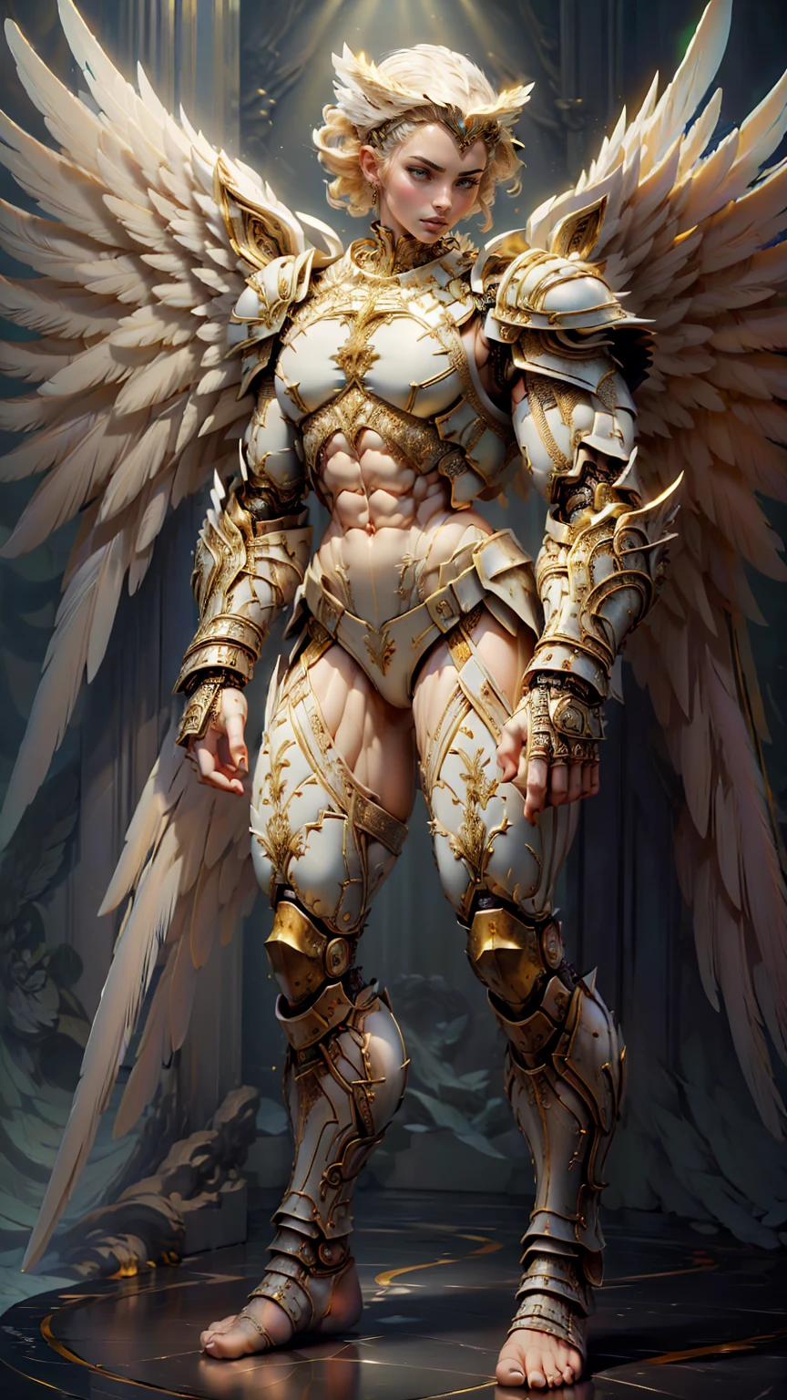 (cara delevingne), ((((((1 muscular angel girl)))))), (((huge upper body))), long hair, ((((huge angelic wings))), (((intricate ornate angelic full body armor))), ((((full body front view)))), (((perfect hands, perfect fingers))), (((empty background)))