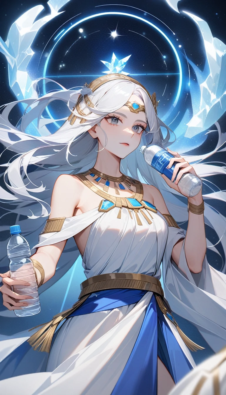 (Huang Li、high quality、Extremely detailed),Constellation Aquarius Goddess,Giant water bottle,Woman holding water bottle,Similar to Latin goodness,brave,capricious,Productivity,The face of enterprising and humanitarianism,Short blue and white hair,Ancient Greek costumes、Wrap Dress,The background is the universe,Crystal black eyes(Eyes Details),Powerful appearance