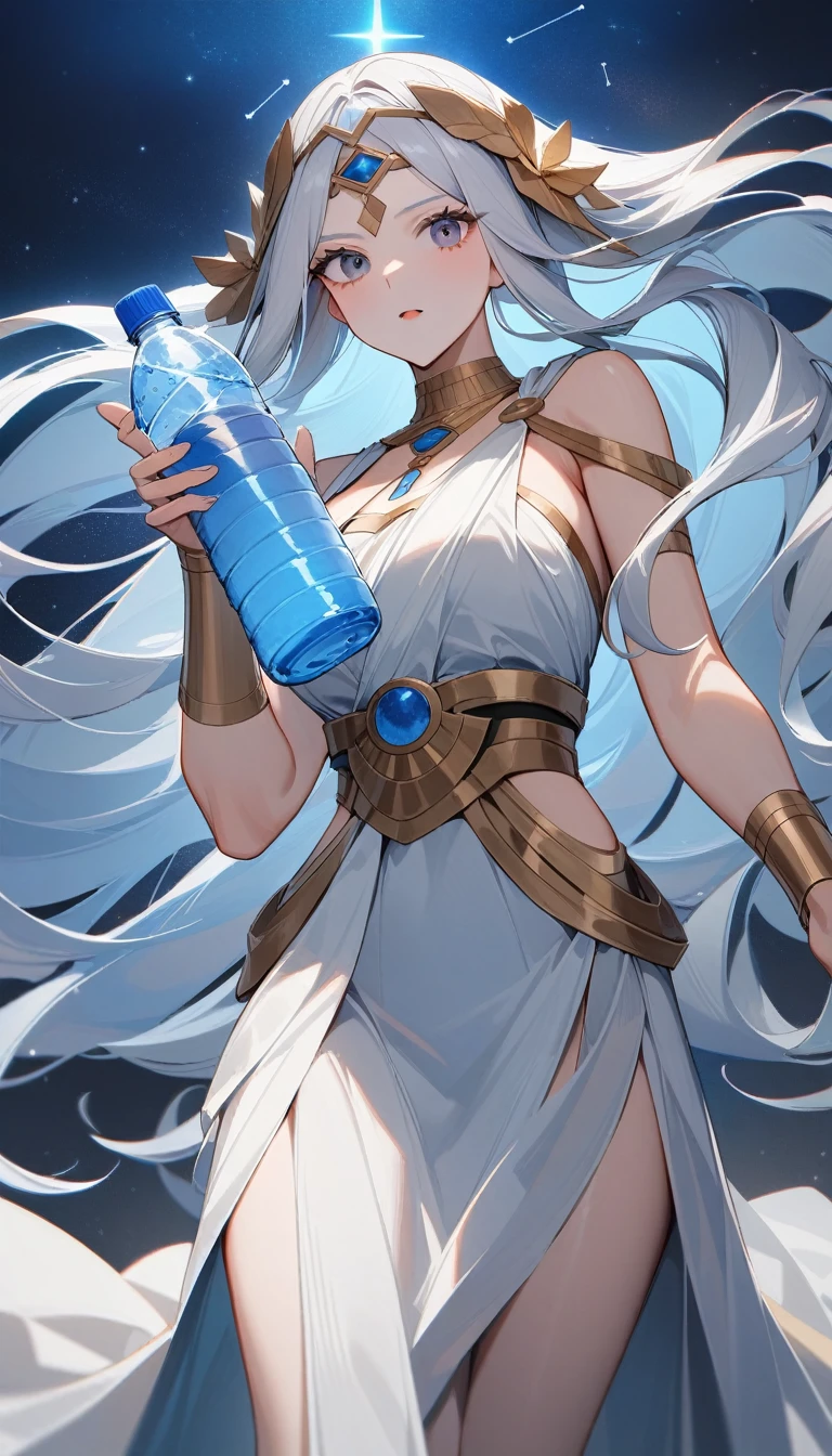 (Huang Li、high quality、Extremely detailed),Constellation Aquarius Goddess,Giant water bottle,Woman holding water bottle,Similar to Latin goodness,brave,capricious,Productivity,The face of enterprising and humanitarianism,Short blue and white hair,Ancient Greek costumes、Wrap Dress,The background is the universe,Crystal black eyes(Eyes Details),Powerful appearance