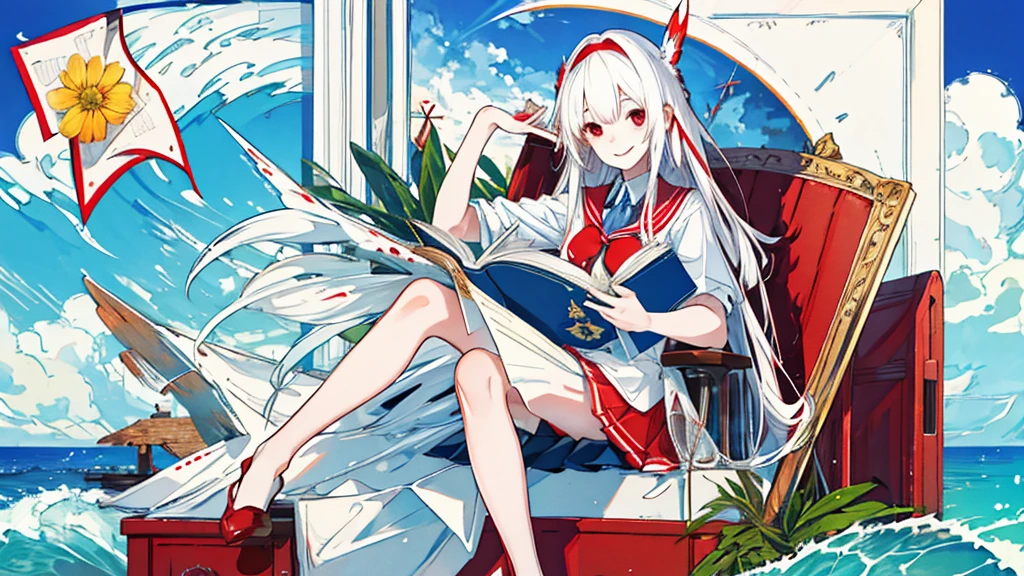 1 girl、Uniforms，Summer seaside、Sitting at the desk、looking at the book in hand、Smile、sunny、Waves、Big scene、White long hair、Red eyes，(Highest quality high resolution)、((Masterpiece Best Quality:1.2)),, [[Multiple fingers]], [[[Multiple Limbs]]]