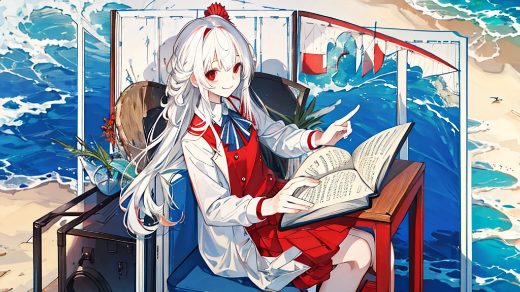 1 girl、Uniforms，Summer seaside、Sitting at the desk、looking at the book in hand、Smile、sunny、Waves、Big scene、White long hair、Red eyes，(Highest quality high resolution)、((Masterpiece Best Quality:1.2)),, [[Multiple fingers]], [[[Multiple Limbs]]]