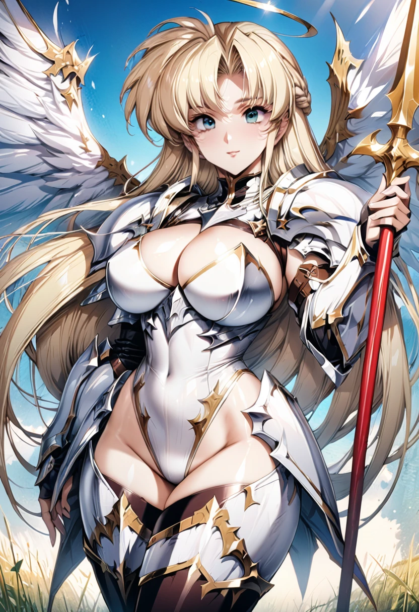 ((highest quality)), ((masterpiece)), ((hyperrealistic)), (detailed background), solo, 1girl, ((curvy: 1.2)), kawaii, gentle smile, ((angel knight)), langrisser, blonde braided long hair, stylish pose, ((white leotard: 1.5)), (white paladin armor: 1.3), ((Tight-fitting latex leotard bodysuit)),((spear)), Holding a spear, swing down the spear, spear at the ready, hold the handle of a spear, ((huge breasts)), ((arm guard gauntlet)), ((zettai ryouiki thigh boots)), (big butt), (cleavage cutout), (Groin area), (thigh), beautiful aqua eyes, droopy eyes, parted bangs, perfect face, Perfect hands, perfect fingers, Blue sky and grassland,