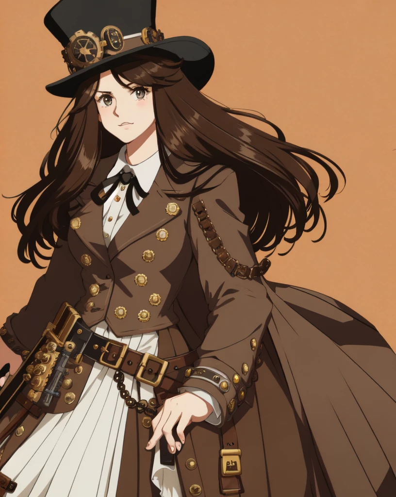 brown hair, steampunk, long hair, 1 girl, top hat, holding rifle