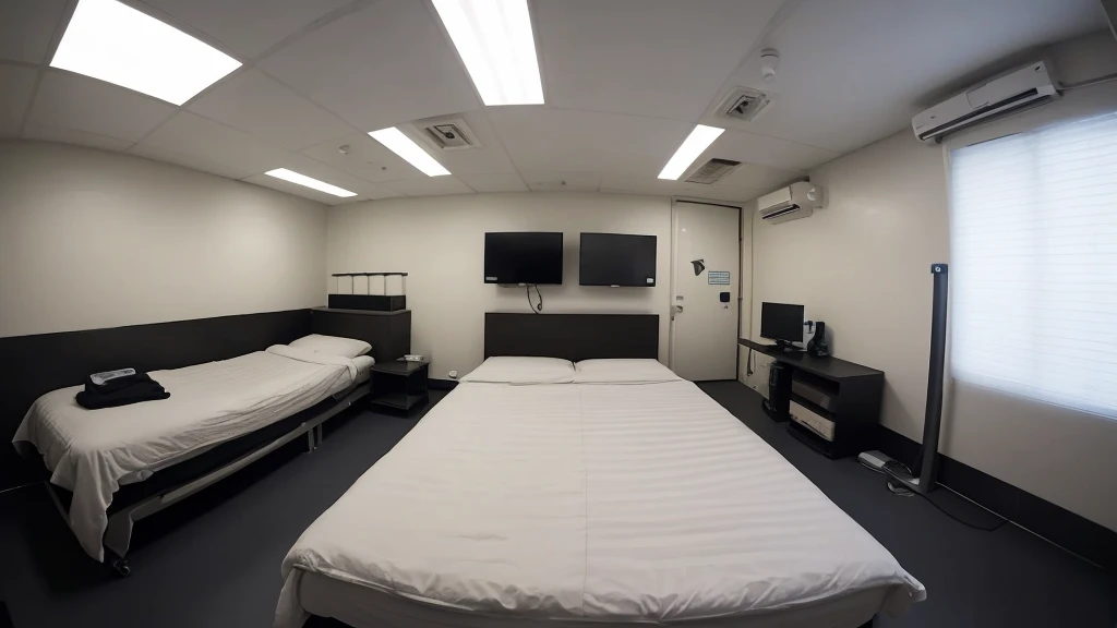 A dark operating room with no windows One bed in the center with the pillow on the left Heart rate monitor on the top right of the bed There's a mess of cords tangled on the floor beneath the heart rate monitor. There is a shelf to the left of the bed There are small medical instruments on it.