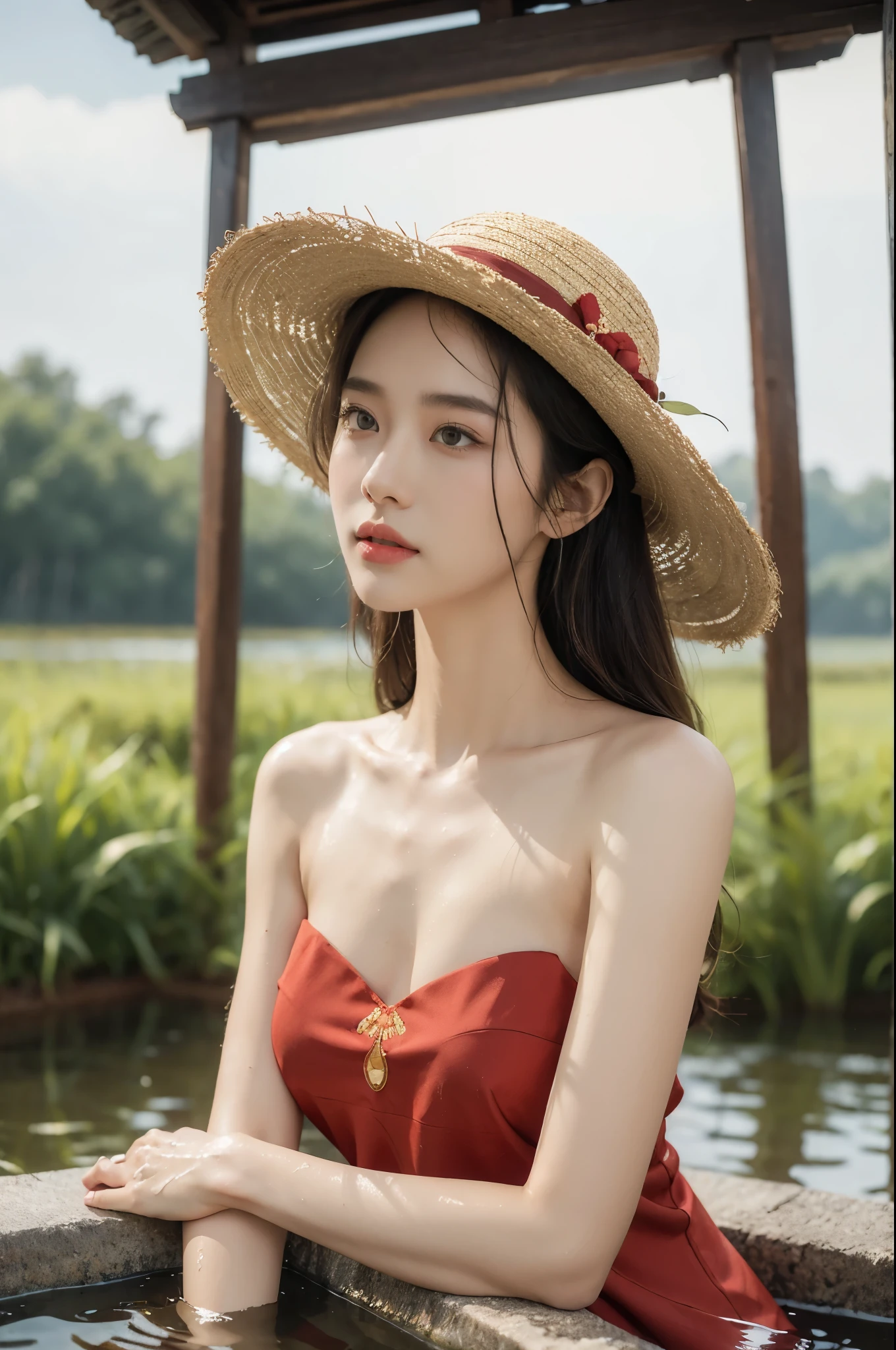 (((best quality))),(((ultra detailed))),(((masterpiece))),illustration,1 beautiful girl,slim,straw hat,shiny skin,dark Bronze colored skin,sweat,wet,flat chest,short Embroidered red cheongsam,bare arms,sitting in the Paddy pool filled with Rice seedlings,upper body,elegant, clear sky, sunlight, dreamy, contrast, natural,Chinese rural landscape,The body below the neck is in water