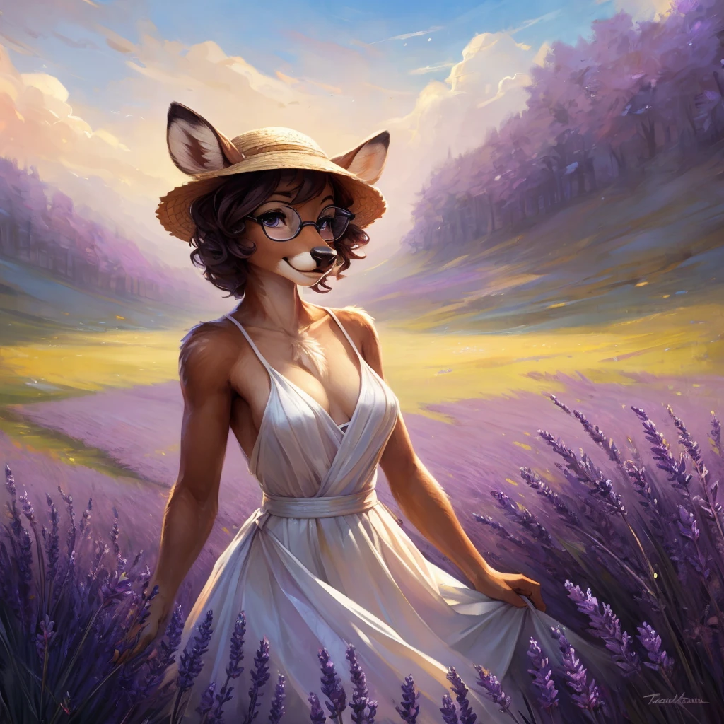uploaded on e621, by Pixelsketcher, by Bayard Wu, by Thomas Benjamin Kennington , by Einshelm, by hioshiru and kenket, Chunie, portrait, solo anthro female deer doe, with small featureless breasts, clear dark blue, cinematic lighting, day, sunny day, lavender field, stays in a lavender field, lavender field background, mediterranean background, horizon background, shiny, short curly dark brown hair, wears big black nerd glasses, very very beautiful furry art, furry art, smiling, joyful, shiny, happy, feminine, cute face, muzzle, fluffy chest, flawless face, Fallow deer, 1girl, Sakimichan is beautiful, Masterpiece, Wavethesallow Face, shiny, Detailed image, portrait, Detailed image, portrait, full body, wears pure white spaghetti straps dress, wears big and wide beige summer straw hat, shiny, realistic face, perfect anatomy, hourglass body, (furry body:1.1), anthropomorphic deer, looks at the viewer, small fluffy tail, detailed background, (cute anatomy:1.1), stands in a lavender field