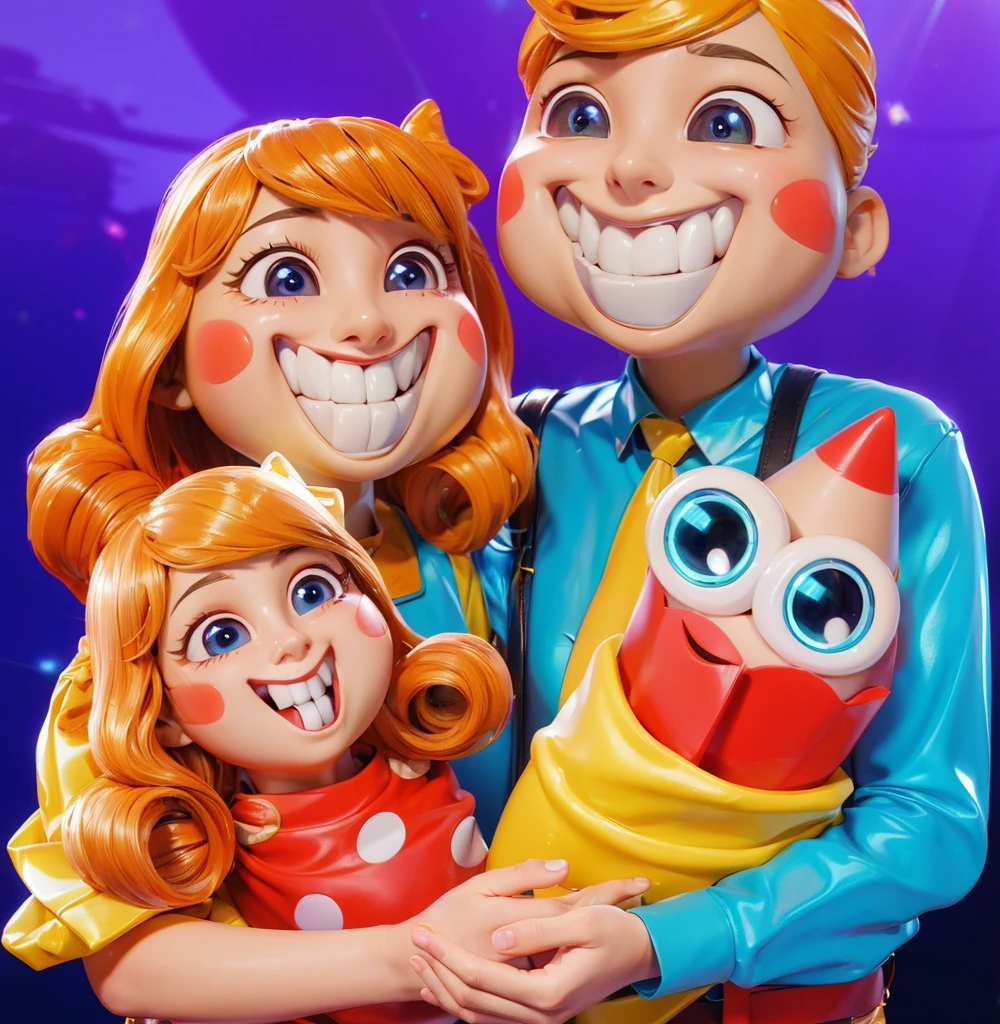 3d style, simplified design, 3d render, glossy texture, smooth 3d model, multiple light sources, rim light, sharp post effects render, (glossy plastic texture with multiple big light probe refractions), perfect cgi, smooth silhouette, high intensity refraction, (super glossy material), most beautiful vfx , blue background, plastic refractions, realistic, 4k, high resolution, rim light, photo shoot, commercial photo, profile shot, 4k, rim light, high resolution, 4k, glossy texture, smooth 3d model, multiple light sources, rim light, sharp post effects render, (glossy metallic texture with multiple big light probe refractions), perfect cgi, cgi art created only with gradients, smooth silhouette, high intensity refraction, (super glossy chrome material), most beautiful vfx, blue background, chrome metal refractions, multiple light sources, rim light, sharp post effects render, perfect cgi, digital art, detailed digital art, reflective, best quality, 4k, masterpiece:1.2, ultra-detailed, realistic, vivid colors, dark and moody lighting, The image of the highest quality, ensuring every detail is showcased perfectly. It in 4k resolution, allowing viewers to immerse themselves in the richness of the colors and intricate details. The realistic rendering. under the spotlight, reflecting, high-resolution image, realistic rendering, dark background, and rim light photorealistic The image features three characters standing in front of three houses. The characters are a red-haired mermaid, a purple cat, and an orange dog. They are each holding a yellow maraca