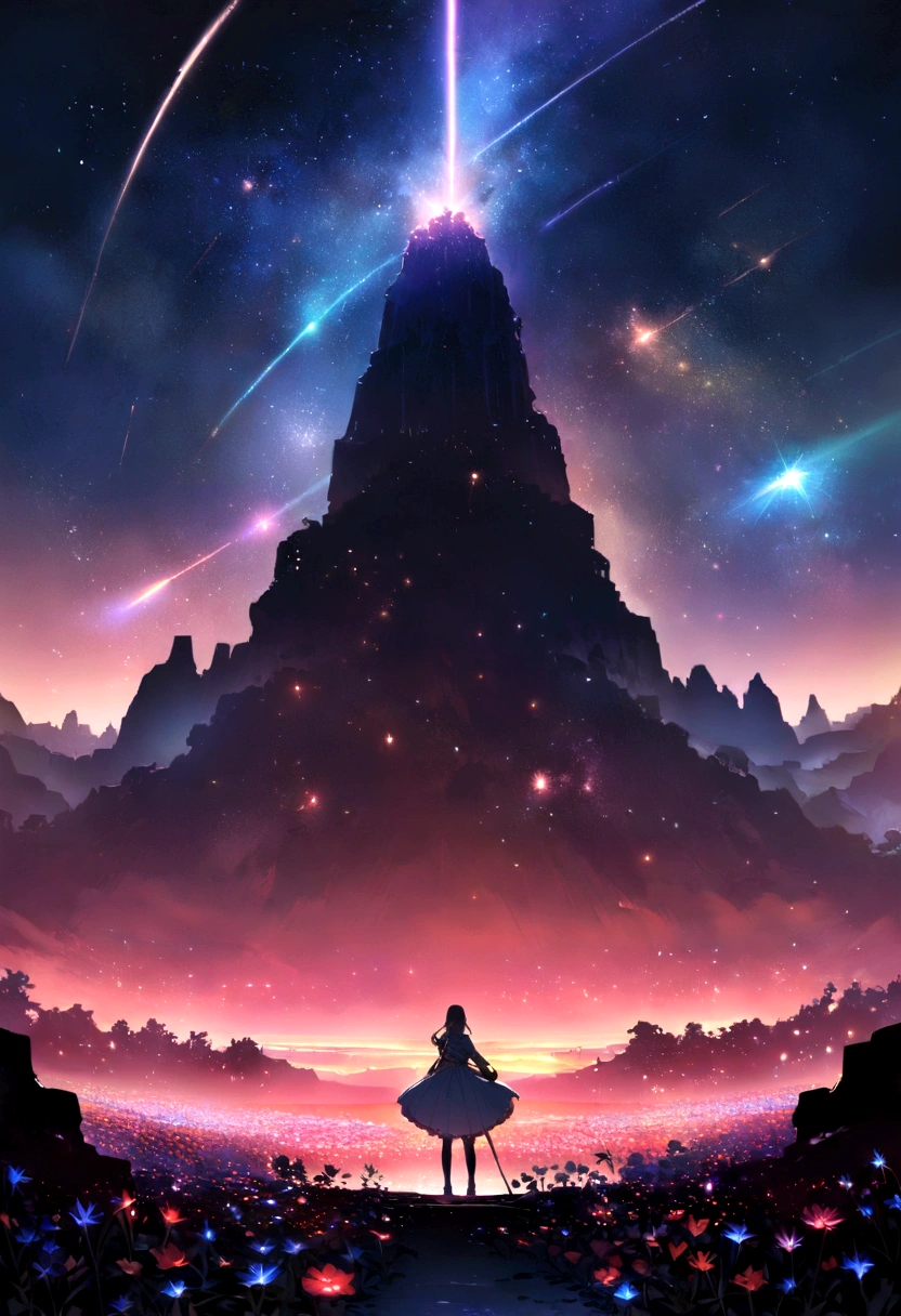 masterpiece, Concept Art, Panorama, Centered, figure, Wide Shot, One girl, Are standing, cliff, Flower Field, night, (Meteors), Space galaxy background, (A magnificent composition, Epic proportions), Dynamic Lighting, Bright colors, makoto shinkai, Your name was inspired,
