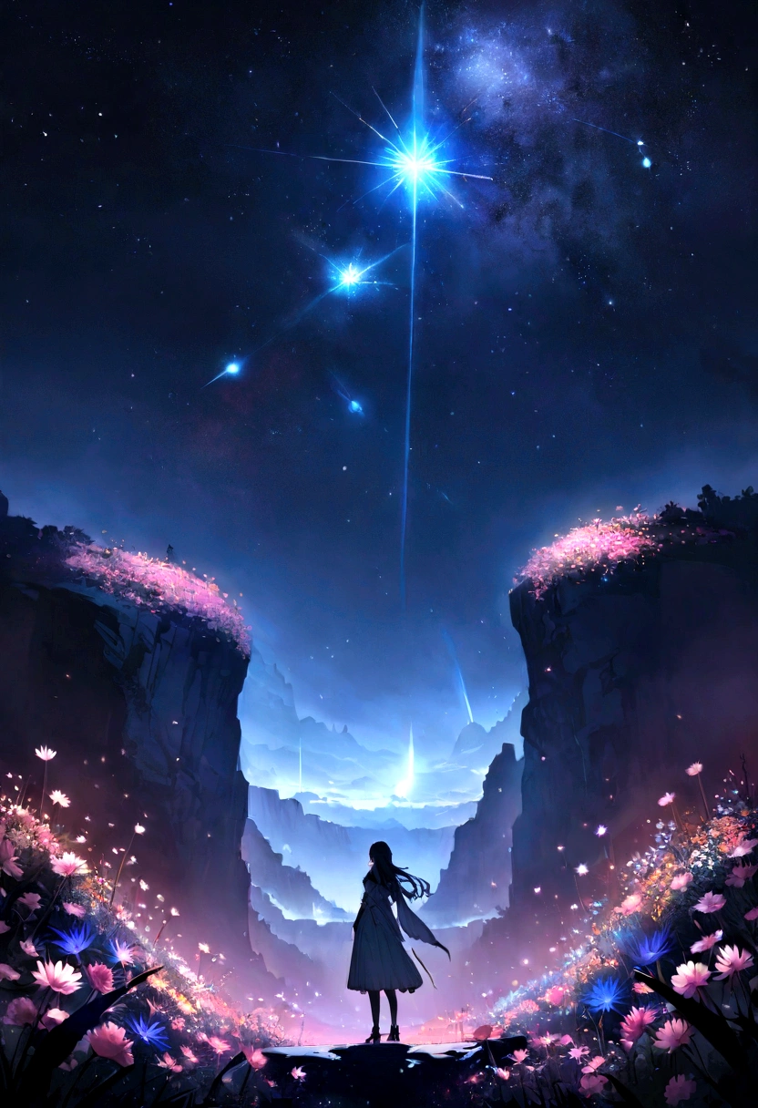masterpiece, Concept Art, Panorama, Centered, figure, Wide Shot, One girl, Are standing, cliff, Flower Field, night, (Meteors), Space galaxy background, (A magnificent composition, Epic proportions), Dynamic Lighting, Bright colors, makoto shinkai, Your name was inspired,