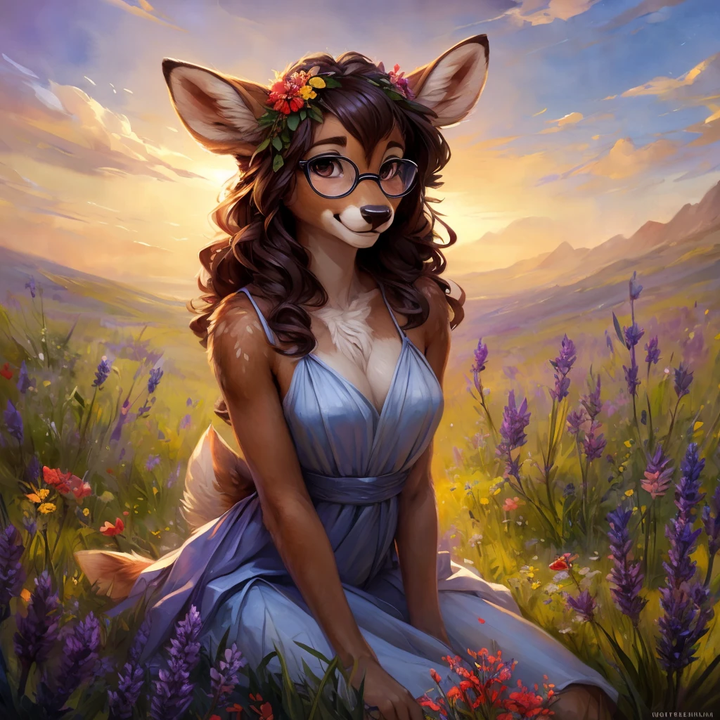 uploaded on e621, watercolor look, by Pixelsketcher, by Bayard Wu, by Thomas Benjamin Kennington , by Einshelm, by hioshiru and kenket, Chunie, portrait, solo anthro female deer doe, with small featureless breasts, clear dark blue, cinematic lighting, day, sunny day, lavender field, stays in a wildflowers field, wildflowers field background, mediterranean background, horizon background, shiny, short curly dark brown hair, wears big black nerd glasses, very very beautiful furry art, furry art, smiling, joyful, shiny, happy, feminine, cute face, muzzle, fluffy chest, flawless face, Fallow deer, 1girl, Sakimichan is beautiful, Masterpiece, Wavethesallow Face, shiny, Detailed image, portrait, Detailed image, portrait, full body, wears pure white short spaghetti straps dress, wears a wildflowers wreath, shiny, realistic face, perfect anatomy, hourglass body, (furry body:1.1), anthropomorphic deer, looks at the viewer, small fluffy tail, detailed background, (cute anatomy:1.1), stands in a wildflowers field