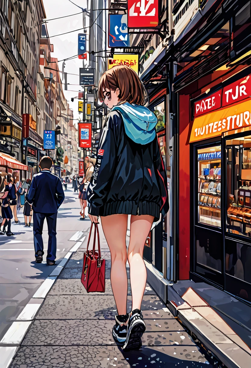 Highest quality, Highest quality, High quality illustrations, masterpiece, Ultra-high resolution, Detailed Background, Crowded street, Absurd, Perfect Anatomy(One cute girl, walk, Back view,