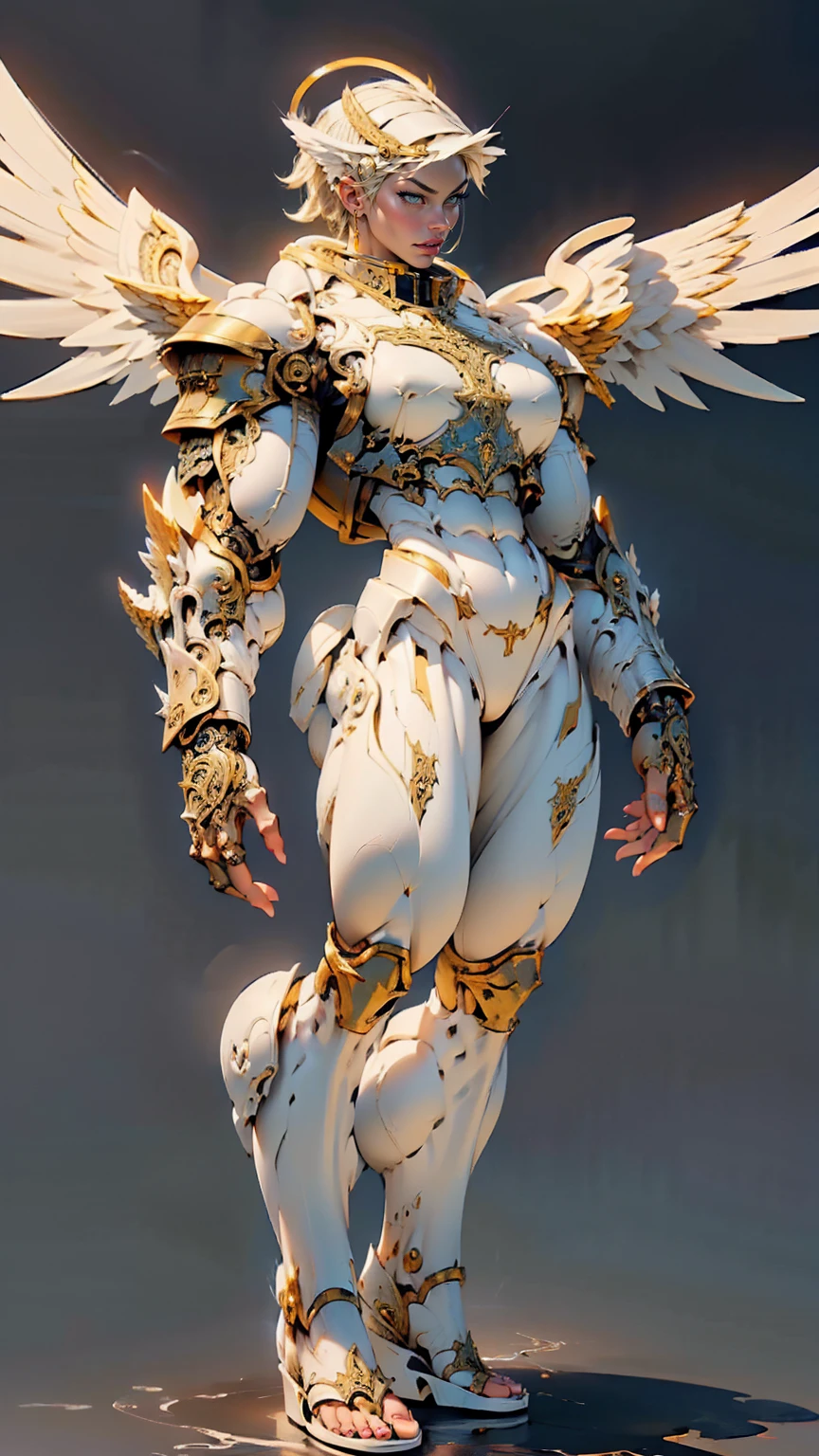 (cara delevingne), ((((((1 muscular angel girl)))))), (((huge upper body))), long hair, ((((huge angelic wings))), (((intricate ornate angelic full body armor))), ((((full body front view)))), (((perfect hands, perfect fingers))), (((empty background)))