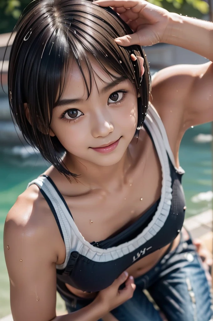 1girl, solo, (smile:1.25), cute japanese girl, (li), break,
straight hair, (short hair:1.75), (hair over one eye:1.5), (flat chest:1.1), break,
(dark skin:1.35), (sweaty skin:1.2), break,
wet, (wet clothes:1.2), navy tank top only, break, 
(face close up:1.75), (from above:1.5), (leaning forward:1.5), (Kneeling pose:1.35), break,
Height, Low Height, lens: 135mm f1.8, break, 
(highest quality), (RAW Photos), (8k, RAW photo, best quality, masterpiece:1.2), (realistic, photo-realistic:1.4), (extremely detailed 8k wallpaper), highest quality, masterpiece, High resolution,
in the lake,
