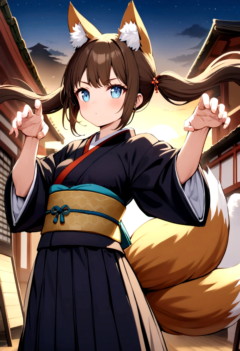 cute young girl, brown hair, long twintail hair, light blue eyes, fox ears, fox tail, muscular body, small breast, japanese outfit, fight with magic spirit pose