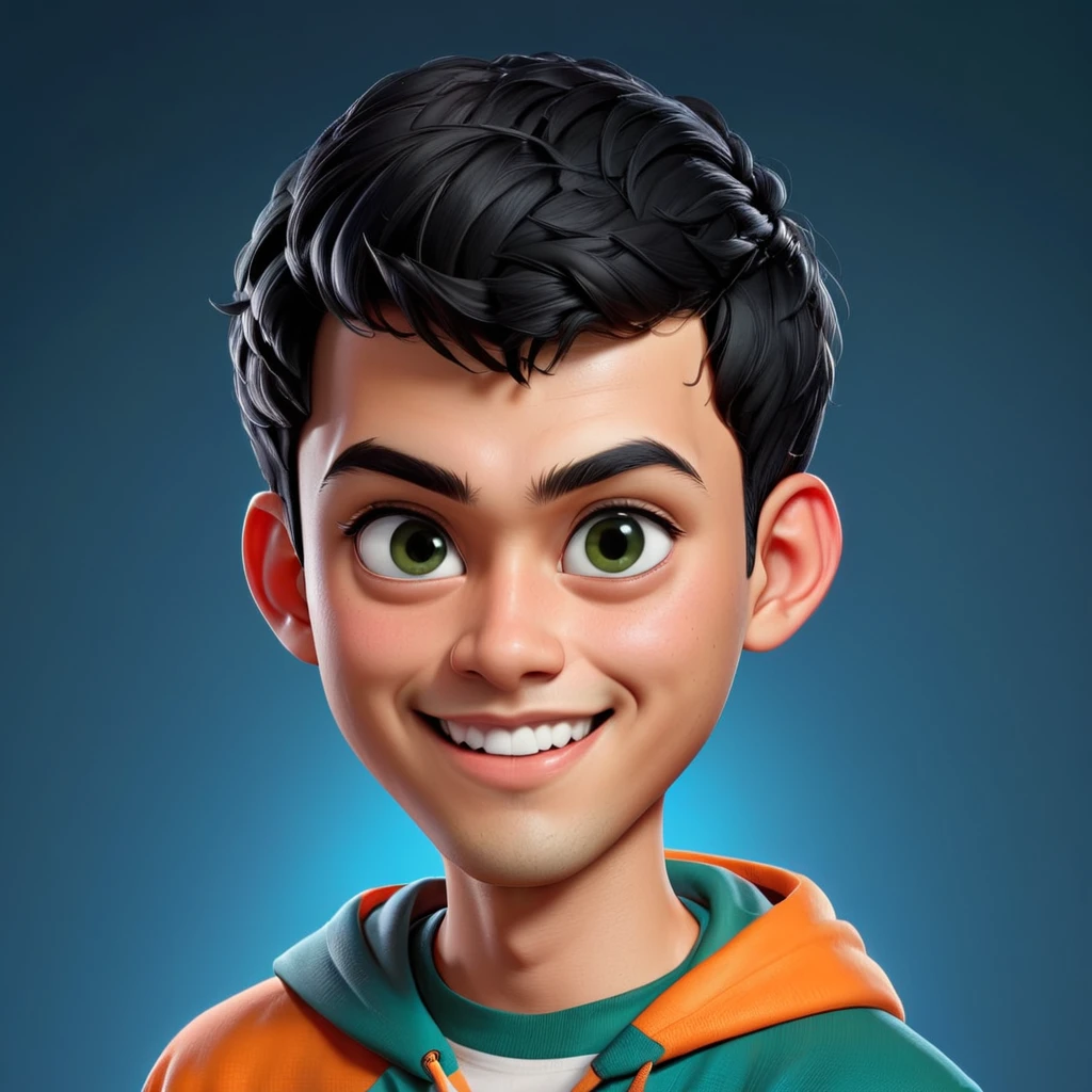 Create a cartoonish caricature 3D animation of a big-headed. a 19 year old Indonesian man. She has short black pixie cut hair. His face is oval with smooth lines, thick and neat black eyebrows, small eyes, a small, sharp nose, and thin lips with a wide, friendly smile. He wore a dark green hoodie over an orange t-shirt. Gradient blue background. masterpiece, top quality, highly detailed skin and face, ultra-realistic, high definition, sharp focus, 2/3 body angle, Concept Art.