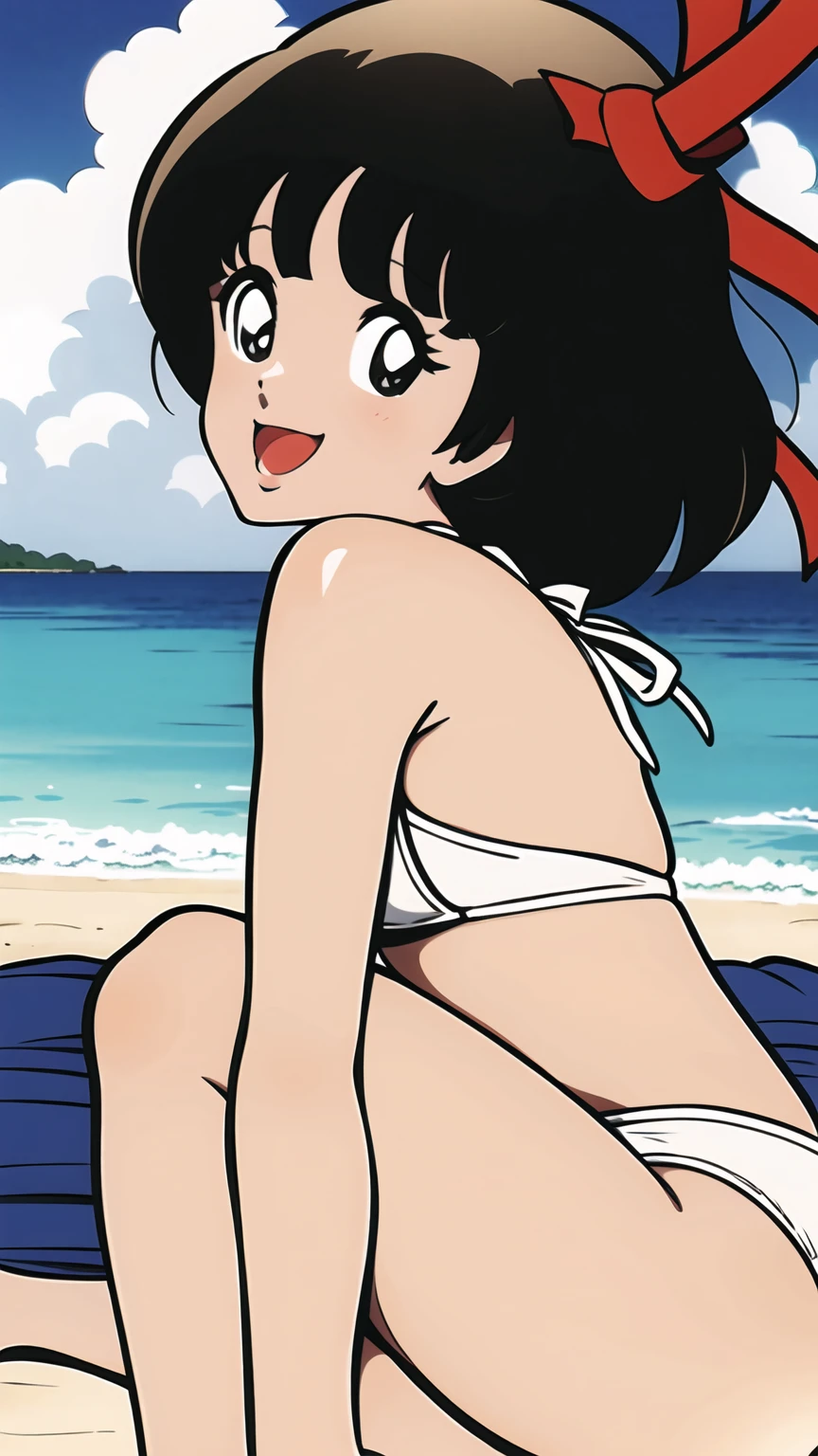 ((((character:asakura minami:1.3)))),((masterpiece)),((highest quality)),Super detailed,(thin entire outline),enlightenment,explicit,1girl,solo,black hair,medium hair,black eyes,small nose,perfect body,beautiful body,beautiful character design,perfect eyes,perfect face,((happy smile)),small open mouth,(enjoy,having fun:1.2),perspiration,wallpaper,ultra high resolution,8k,photo shoot,(beautiful medium breast:1.2),beautiful legs,perfect feet,beautiful skin,fair skin,smooth skin,official style,official art,make a screen cap,outdoor,((summer beach)),sunshine,bright lighting,(white micro bikinis),(split legs:1.2),peace sign,