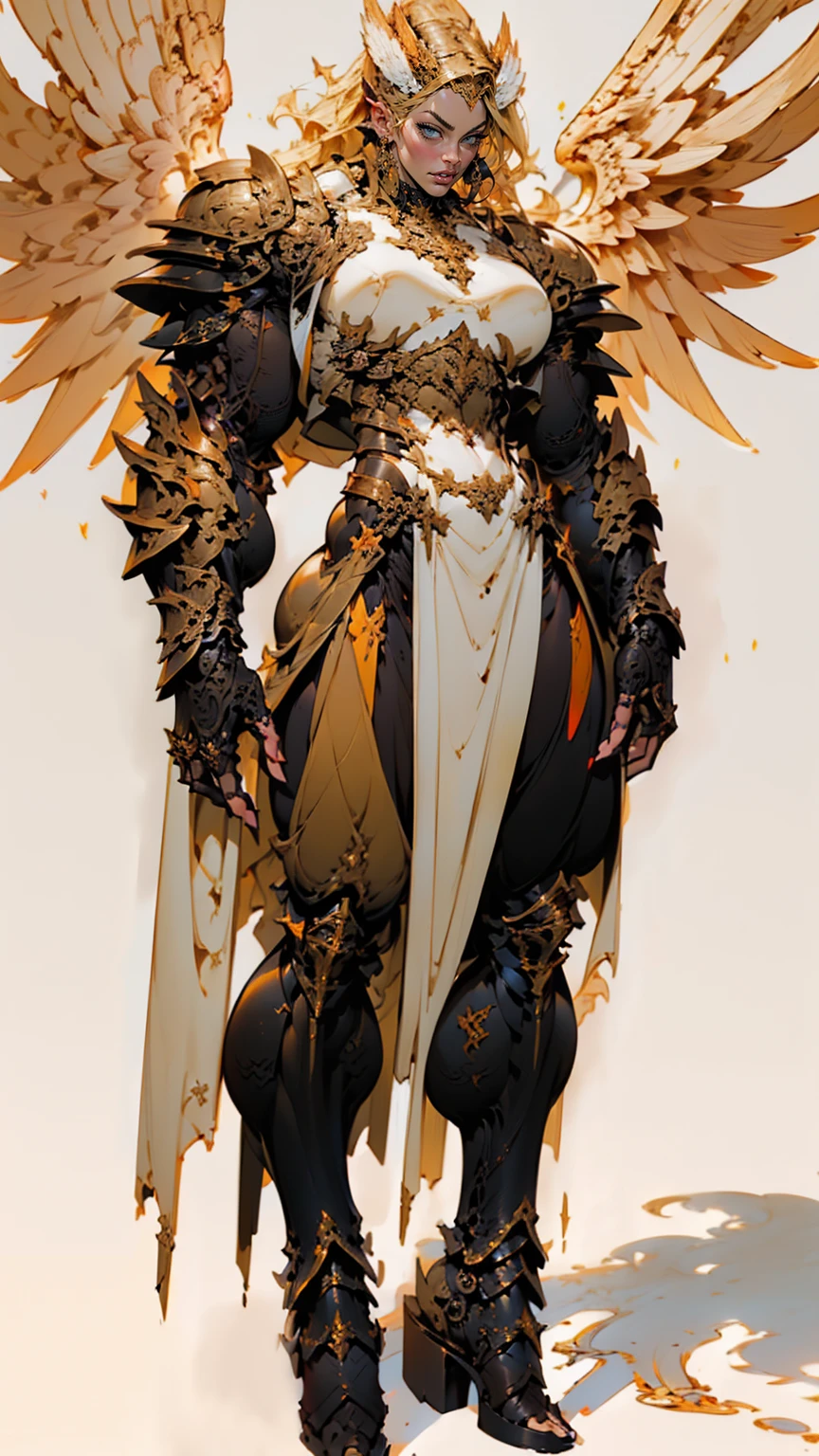 (cara delevingne), ((((((1 muscular angel girl)))))), (((huge upper body))), long hair, ((((huge angelic wings))), (((intricate ornate angelic full body armor))), ((((full body front view)))), (((perfect hands, perfect fingers))), (((empty background)))