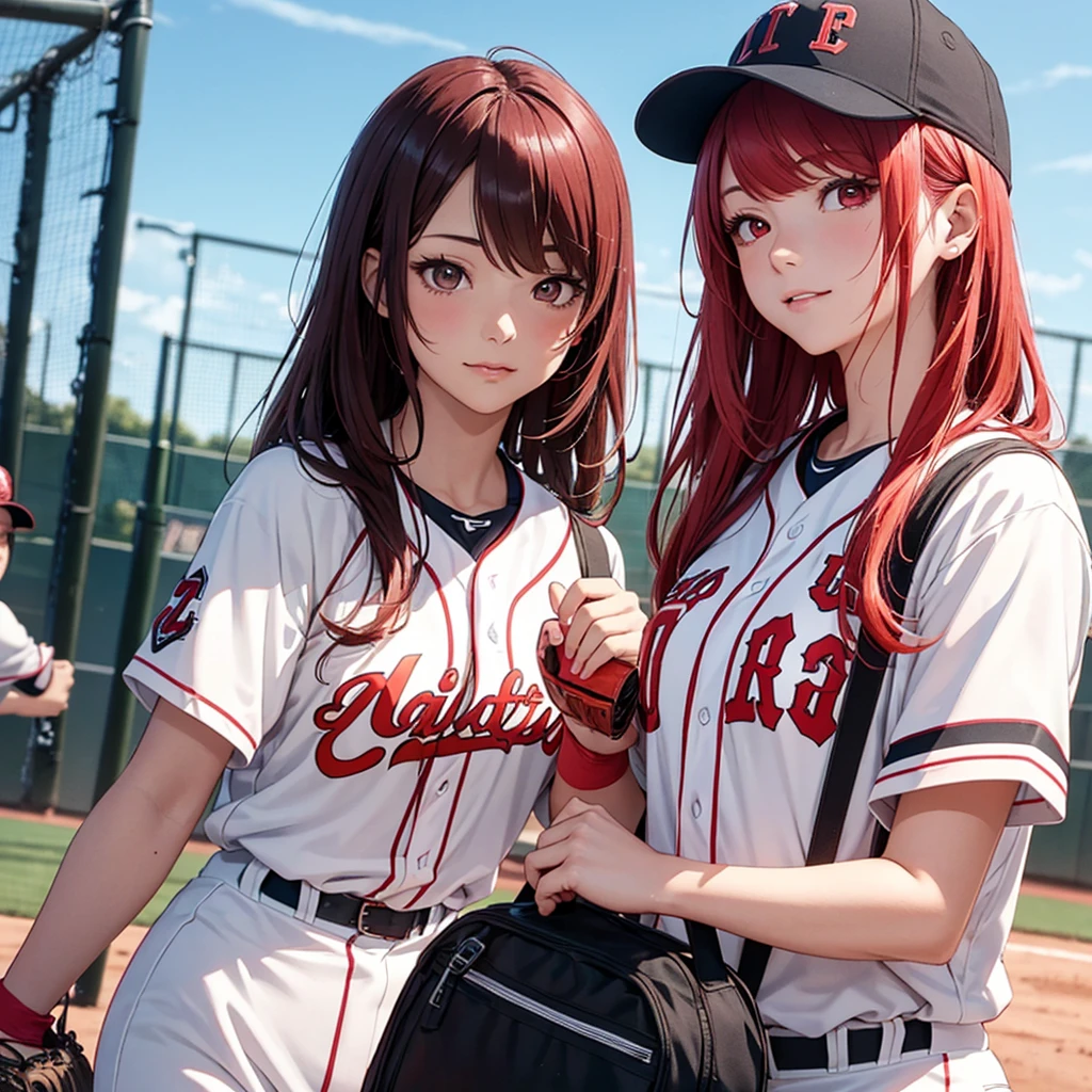 two beautiful young women, anime style, detailed faces, red hair, red eyes, delicate features, soft lighting, wearing baseball manager uniforms, one holding a clipboard and whistle, the other carrying a water bottle, standing by the baseball field, cheerful and supportive expressions, sunny day, baseball team practicing in the background, dynamic pose, Japanese anime style, high quality, highly detailed, 8k resolution, cinematic lighting, best quality, vibrant colors, Instagrammable, aesthetic, trendy