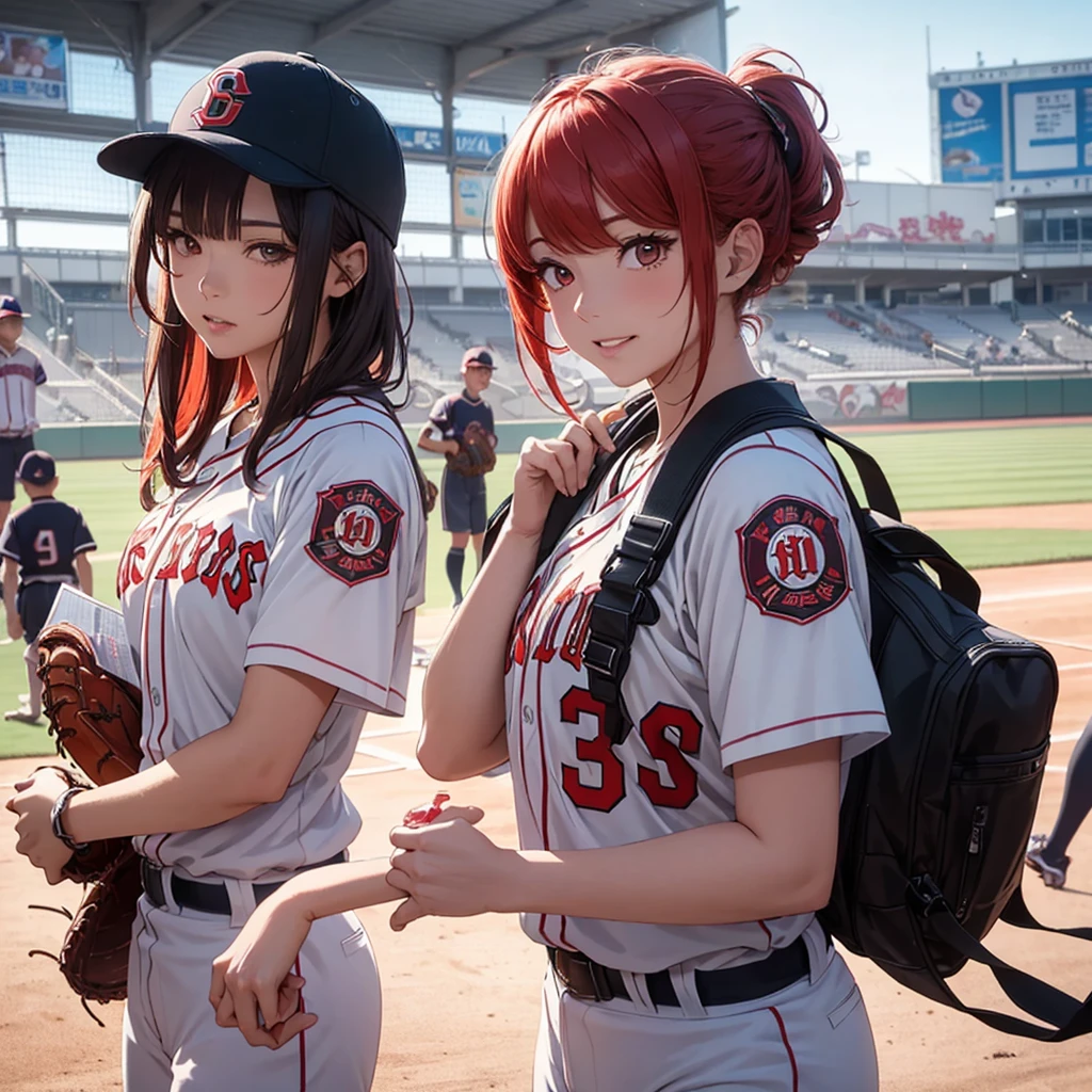 two beautiful young women, anime style, detailed faces, red hair, red eyes, delicate features, soft lighting, wearing baseball manager uniforms, one holding a clipboard and whistle, the other carrying a water bottle, standing by the baseball field, cheerful and supportive expressions, sunny day, baseball team practicing in the background, dynamic pose, Japanese anime style, high quality, highly detailed, 8k resolution, cinematic lighting, best quality, vibrant colors, Instagrammable, aesthetic, trendy