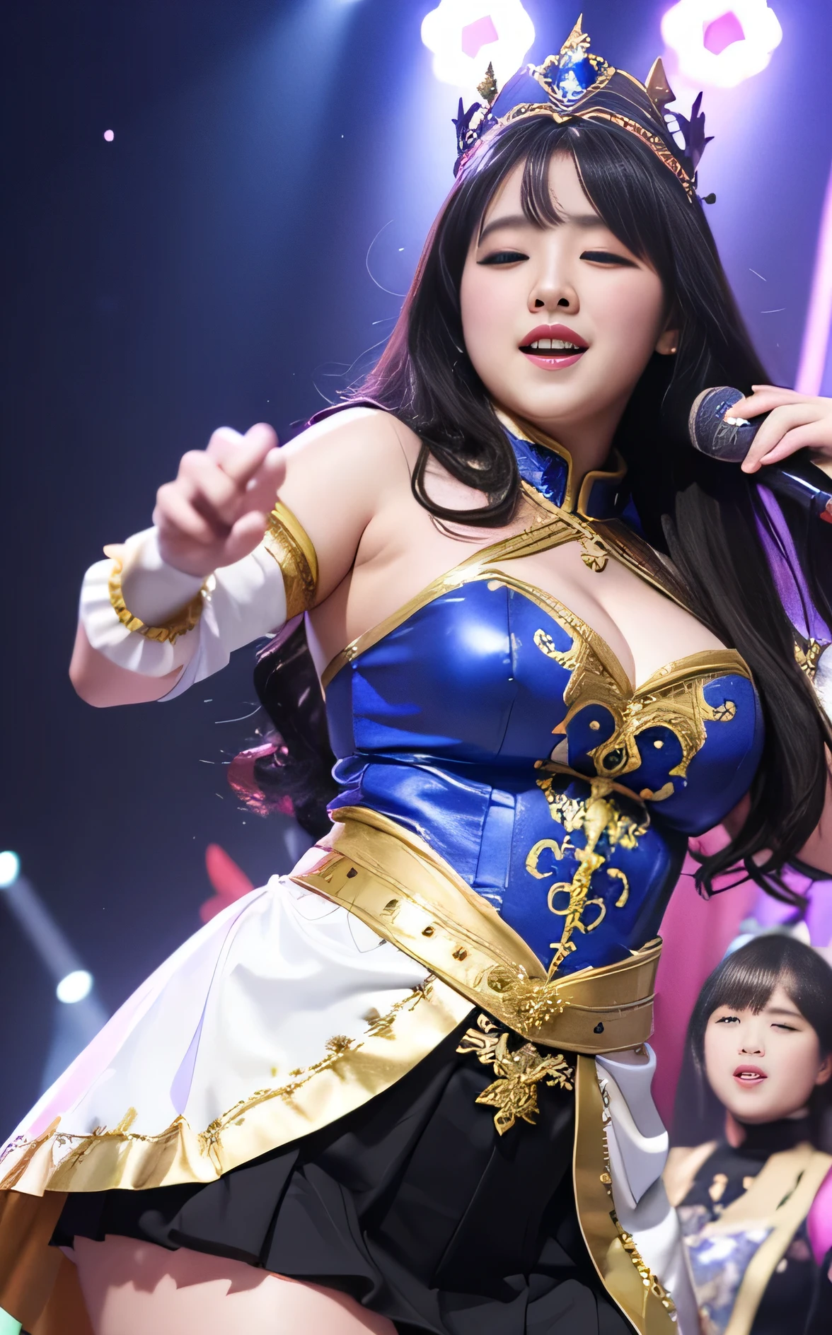 ((8K)), highest quality, 超High resolution, (Surreal)、(High resolution), 1 girl, idol, ((fantasy clothing)), Overweight, extremely fat, ((Chubby)), on stage, one eye closed, look at viewer
