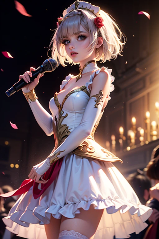 Noelle_(genshin impact), ornament hair, silver hair, short hair, 1 girl, Looking at the audience, flowing hair, floating hair, Beautiful Eyes, Plump and glossy lips, Idol, dress with too many frills, white dress, pink laces, Short skirt, Drape clothes, pink gem, Lace trim, bright stage, luxury gold details, gold jewelry, more details, best quality, Big sparkling eyes, blushing, Striped Lace Stockings, Lolita skirt, sparkle, solo, centered girl, cowboy shot, perfectly body, perfectly hands, two arms, two legs, two hands, five fingers, perfect anatomy, glowing hair, petals, 1girl, dress, solo, flowing hair, floating hair, ornament hair, short hair, perfectly body, perfectly hands, on the stage, sparkls, more details on her clothes, dress with transparency, golden details on her dress, night, holding a microphone, ((4k, masterpiece, top-quality)), 8k, best quality, high resolution, UHD, (illustration:0.8), super cute girl, delicate and beautiful face, mature girl, super cute hairstyle, (beautiful detailed eyes:1.6), extremely detailed face, perfect lighting, extremely detailed CG, (perfect hands, perfect anatomy), Best quality ((4k, masterpiece, top-quality)),8k, best quality, high resolution, HD, (illustration:0.8), super cute girl, delicate and beautiful face, mature girl, super cute hairstyle, (beautiful detailed eyes:1.6), extremely detailed face, perfect lighting, extremely detailed CG, (perfect hands, perfect anatomy), Best quality, cleavage, small skirt, full Body, two arms, two legs, two hands, five fingers