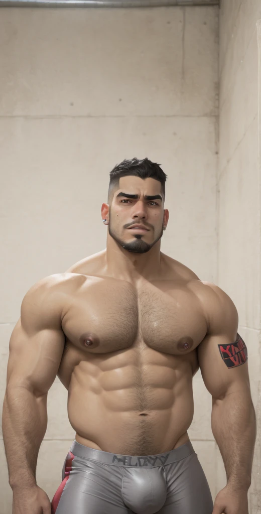 Latino chav, 20 years old, short hair, men, hairy, hairyalpha, BeardAlpha, wearing a superhero clothes, wearing a superhero cape, tight superhero uniform, oversized pectorals, heavy pectorals, oversized bulge, intimidating, smirking, nipple rings, angry, threatening, bara, prison background