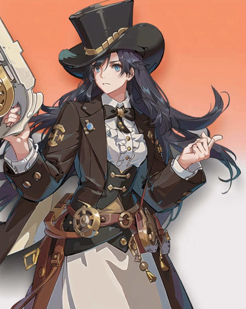 brown hair, steampunk, long hair, 1 girl, top hat, holding rifle