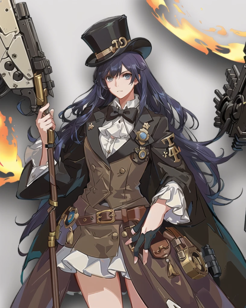 brown hair, steampunk, long hair, 1 girl, top hat, holding rifle