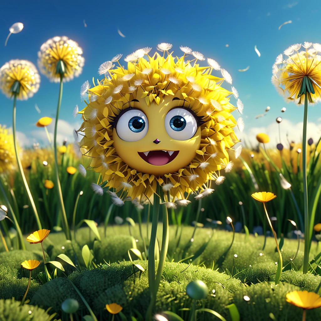 A cute dandelion monster with big eyes and a fluffy yellow mane, happily spreading its seeds in the breeze. The cartoon character is designed in the style of Pixar animation studio, created using C4D software. It has a playful and carefree nature, perfect for a whimsical and fun mobile phone wallpaper. --ar 1:1 --v 6.0 --3D render