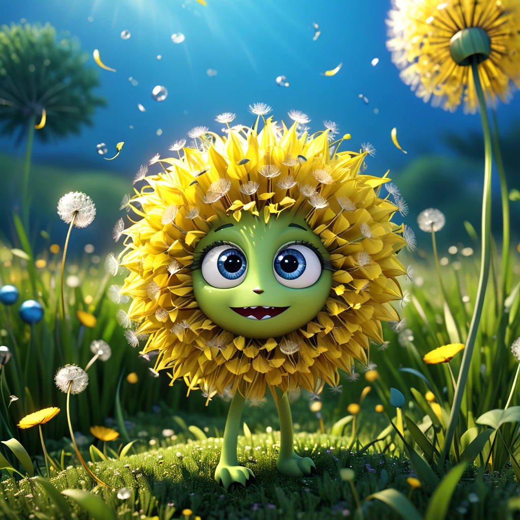 A cute dandelion monster with big eyes and a fluffy yellow mane, happily spreading its seeds in the breeze. The cartoon character is designed in the style of Pixar animation studio, created using C4D software. It has a playful and carefree nature, perfect for a whimsical and fun mobile phone wallpaper. --ar 1:1 --v 6.0 --3D render