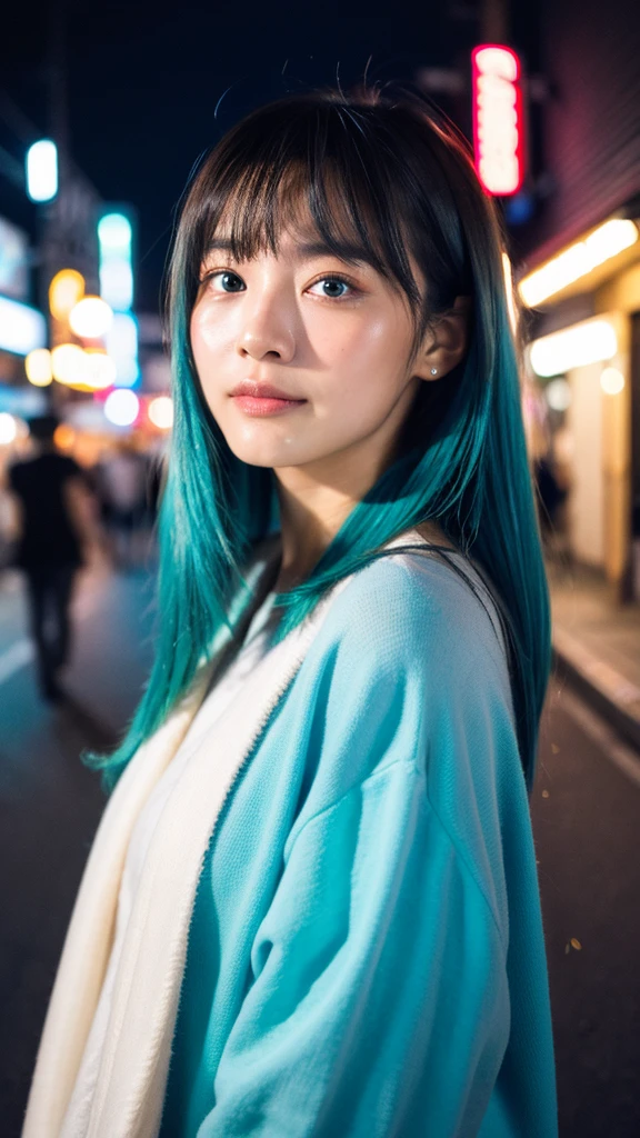 (8k, highest quality, masterpiece: 1.2), Super detailed, highest quality, Ultra-high resolution, Depth of written boundary,(Super detailedな,Caustics),(Photorealistic:1.4,RAW shooting,)Ultra-Realistic Capture,(Very detailed,High definition 16K for human skin,The skin texture is natural,Skin appears even-toned and healthy),(Use natural light and colour,One Woman Wide Lighting,Natural Shading),Japanese,1 girl, Beautiful Eyes,long hair,18-year-old girl,cute,cute,Light Blue Hair,Street fashion,Tokyo Street,(Night lights:1.4)