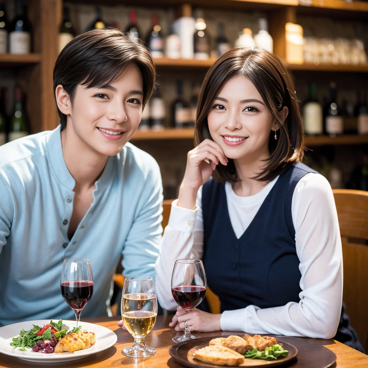 ((Highest quality、8K、masterpiece:1.3))、 (Genuineistic, Genuine、Bright image、Intricate details:1.2), 最高のsmile、1 male 1 female、Beautiful couple、Lovey-dovey lovers、fiancee、Good friends、actress couple、smile、Full-course dinner at a packed table、 (Slim face), (the body is slim), (Brown Hair), (short hair), テーブルのwine glass、Please shine a light on my face、 Amazing view of the sunset sky and clouds、42 years old 39 years old, red wine 、Appetizers、Wine bottle、sparkling wine、Long sleeve shirt、dress、White wine, red wine, wine glass, 