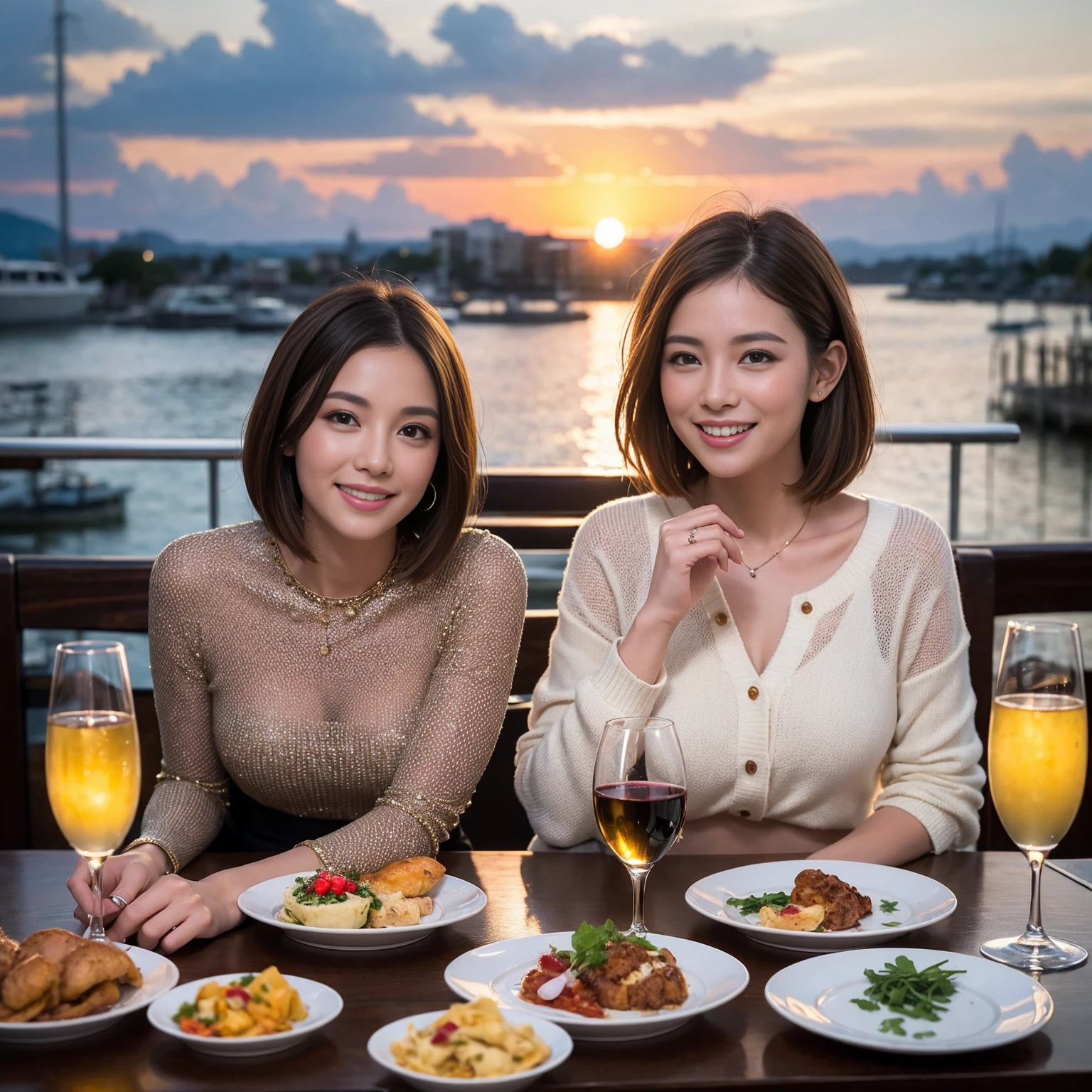 ((Highest quality、8K、masterpiece:1.3))、 (Genuineistic, Genuine、Bright image、Intricate details:1.2), 最高のsmile、1 male 1 female、Beautiful couple、Lovey-dovey lovers、fiancee、Good friends、actress couple、smile、Full-course dinner at a packed table、 (Slim face), (the body is slim), (Brown Hair), (short hair), テーブルのwine glass、Please shine a light on my face、 Amazing view of the sunset sky and clouds、42 years old 39 years old, red wine 、Appetizers、Wine bottle、sparkling wine、Long sleeve shirt、dress、White wine, red wine, wine glass, 