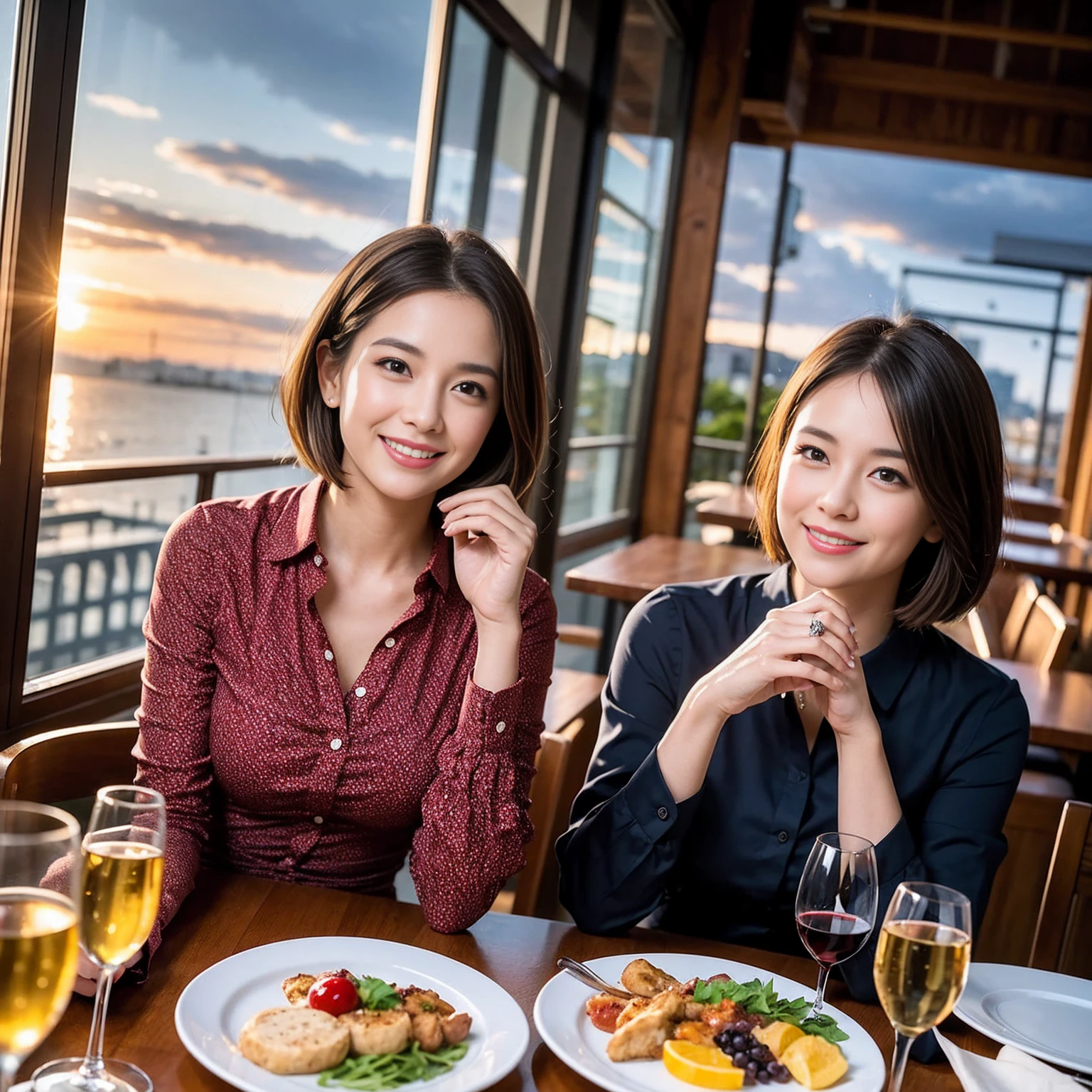 ((Highest quality、8K、masterpiece:1.3))、 (Genuineistic, Genuine、Bright image、Intricate details:1.2), 最高のsmile、1 male 1 female、Beautiful couple、Lovey-dovey lovers、fiancee、Good friends、actress couple、smile、Full-course dinner at a packed table、 (Slim face), (the body is slim), (Brown Hair), (short hair), テーブルのwine glass、Please shine a light on my face、 Amazing view of the sunset sky and clouds、42 years old 39 years old, red wine 、Appetizers、Wine bottle、sparkling wine、Long sleeve shirt、dress、White wine, red wine, wine glass, 