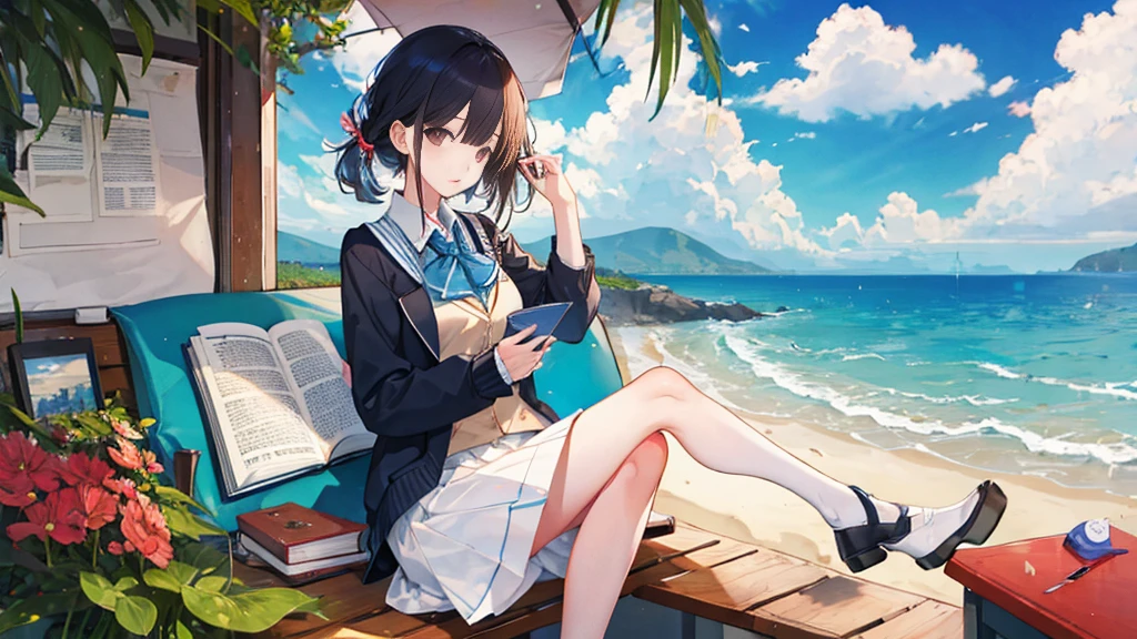 1 girl、Uniforms，Summer seaside、Sitting at the desk、looking at the book in hand、No Expression、Don&#39;t look at the camera、sunny、Waves、Big scene、White long hair、Red eyes，Ashore、(Highest quality high resolution)、((Masterpiece Best Quality:1.2)),, [[Multiple fingers]], [[[Multiple Limbs]]]