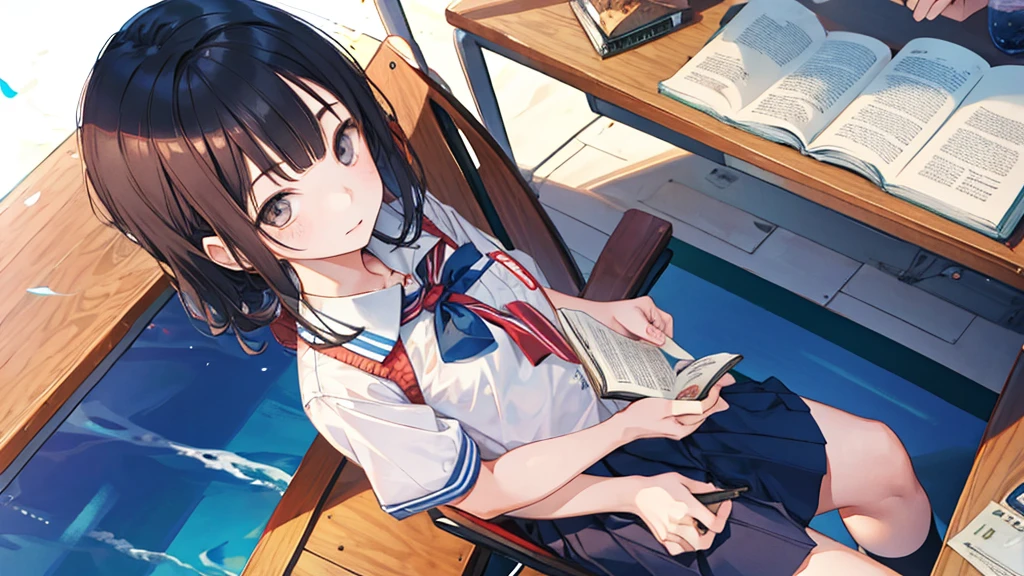 1 girl、Uniforms，Summer seaside、Sitting at the desk、looking at the book in hand、No Expression、Don&#39;t look at the camera、sunny、Waves、Big scene、White long hair、Red eyes，Ashore、(Highest quality high resolution)、((Masterpiece Best Quality:1.2)),, [[Multiple fingers]], [[[Multiple Limbs]]]