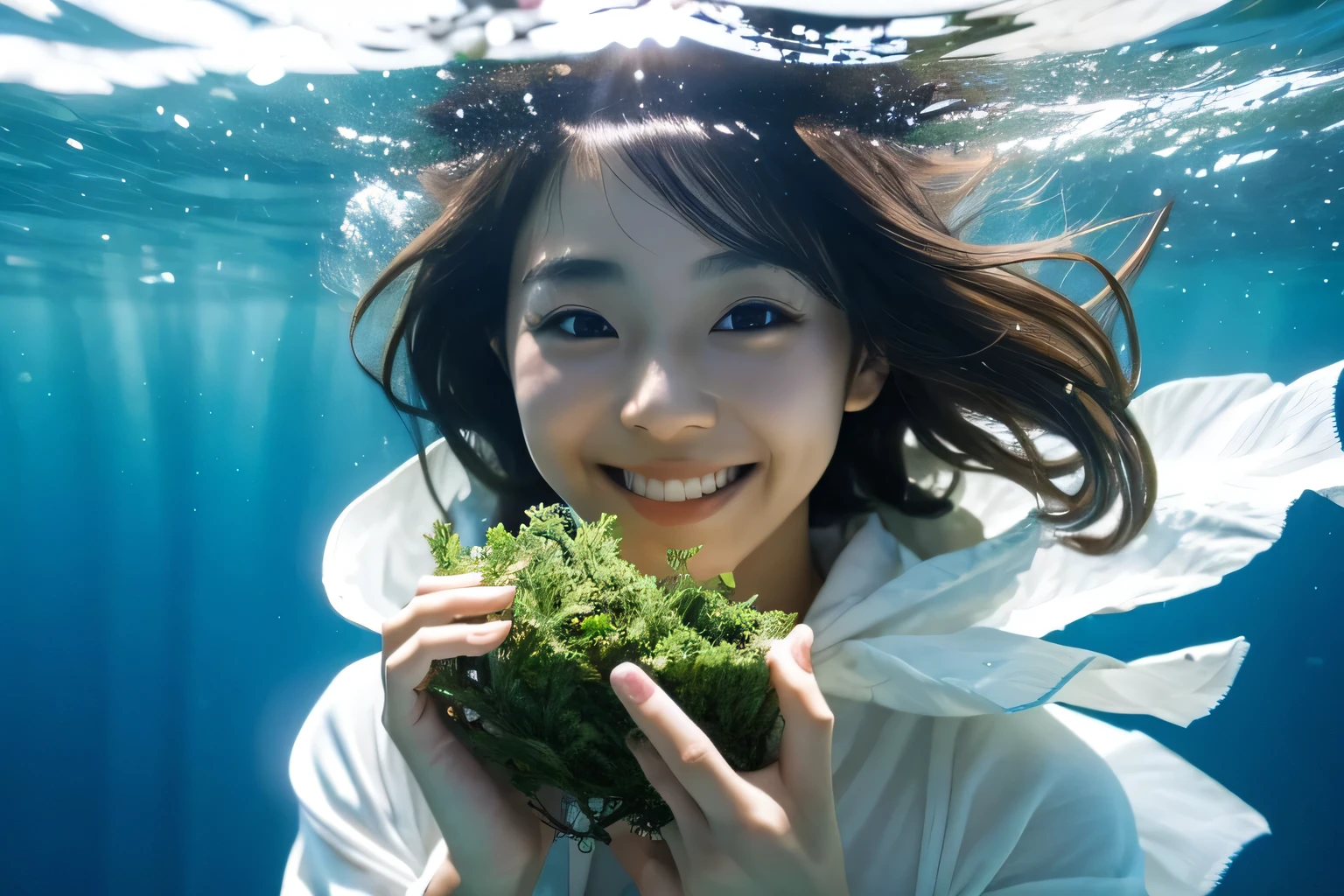 Japanese, Ama diver, woman, beautiful, smile, underwater goggles, white kimono, white hood, holding seaweed in hand, sea