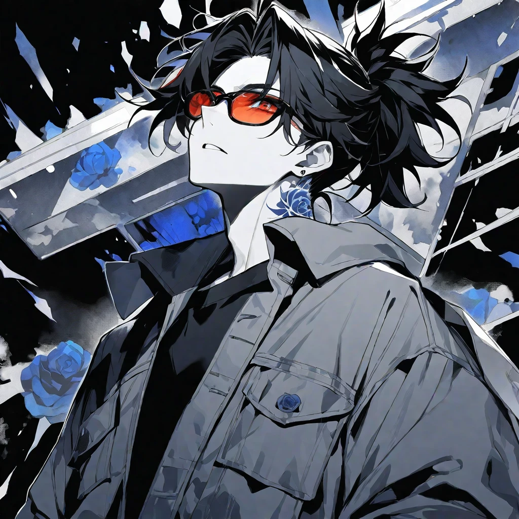 Solo,handsome, monochrome,watercolor,1 male, Ponytail, Braided black hair, red eyes, Gojo Satoru,casual,Blue Rose Tattoo,black Oversized 服,casual,Stylish,cool,Wear sunglasses around your neck,Void,look up,
blackbackground,İcon,Despise face up