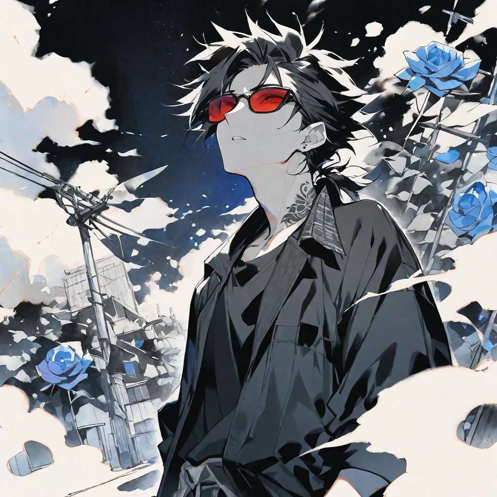 Solo,handsome, monochrome,watercolor,1 male, Ponytail, Braided black hair, red eyes, Gojo Satoru,casual,Blue Rose Tattoo,black Oversized 服,casual,Stylish,cool,Wear sunglasses around your neck,Void,look up,
blackbackground,İcon,Despise face up